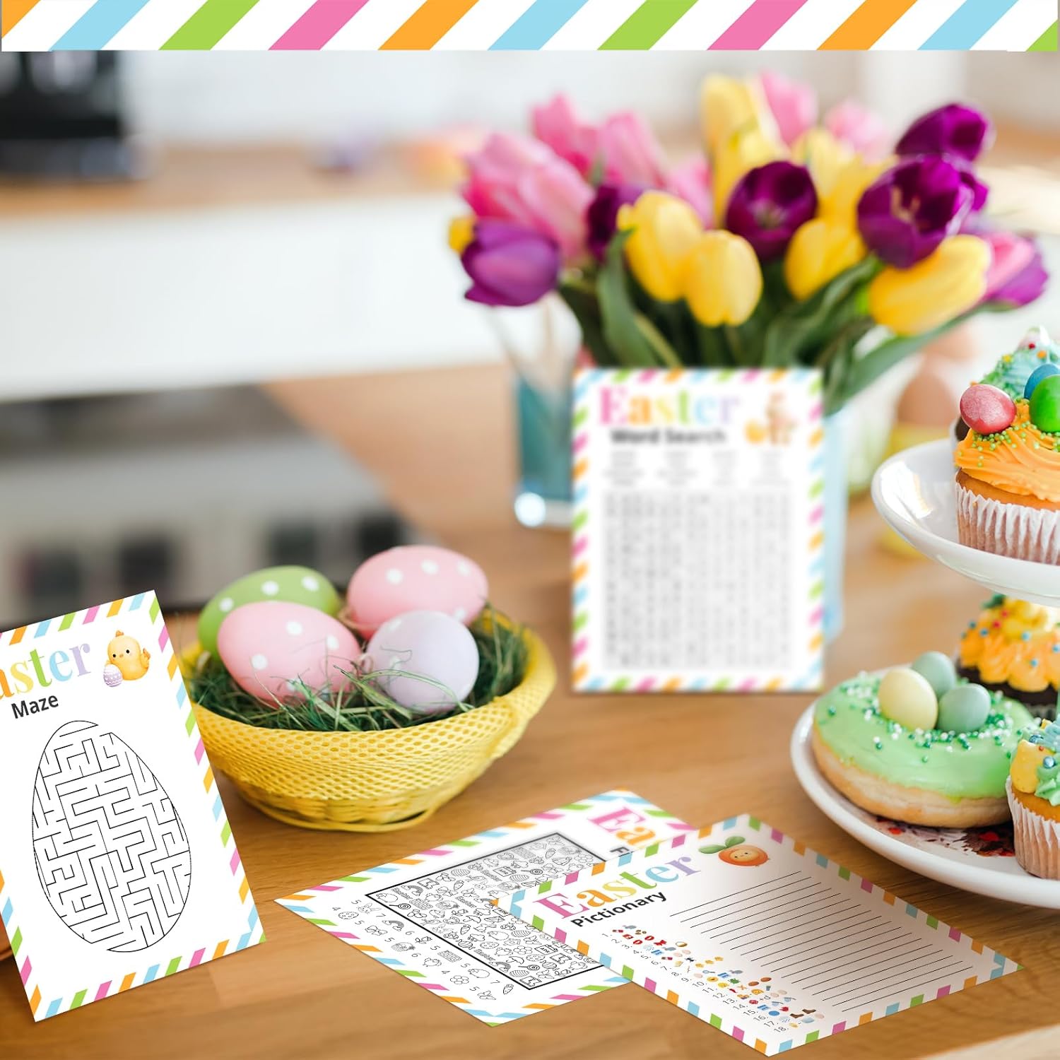 Fullhawl 105 Pcs Easter Game Easter Cards Set Party Favor Word Search Scramble Pictionary Trivia Maze Find It Party Game for Classroom School Home Activity,100 Players and 5 Answer Holiday Supplies