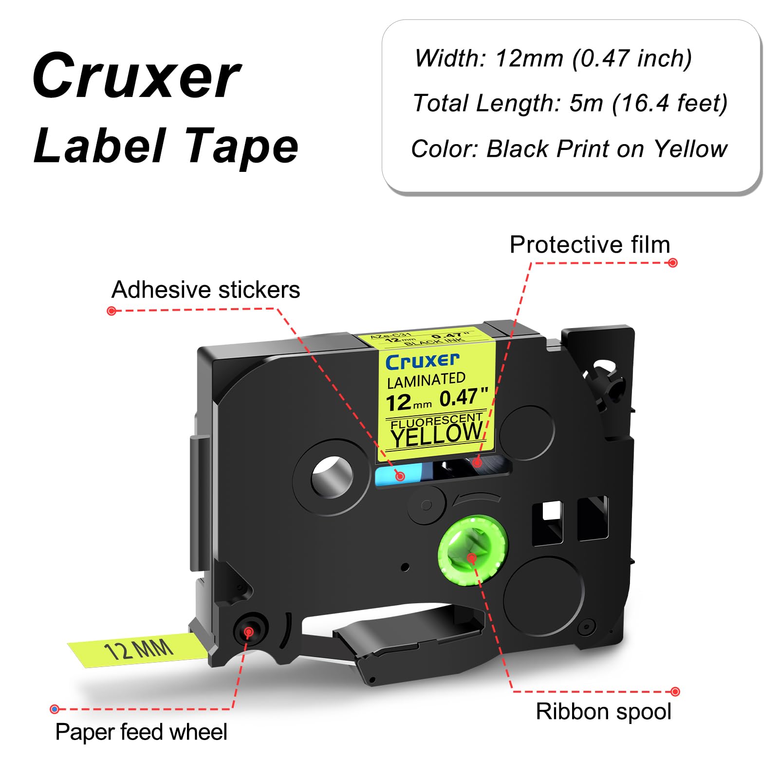 Cruxer 30er-Packung Kompatibel für Brother P-touch TZe-C31 Fluoreszierend Laminierte Bänder，Schwarz auf Gelb 0,47'' 12mm x 5m Schriftband Ersatz für Brother PT-H100R PT-200 PT-H110 PT-D410 PT-E110VP