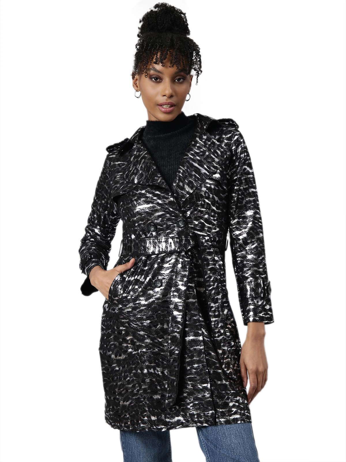Women's Long Sleeves Abstract Longline Lapel Collar Black Trench Coat-246A_Black-image-27