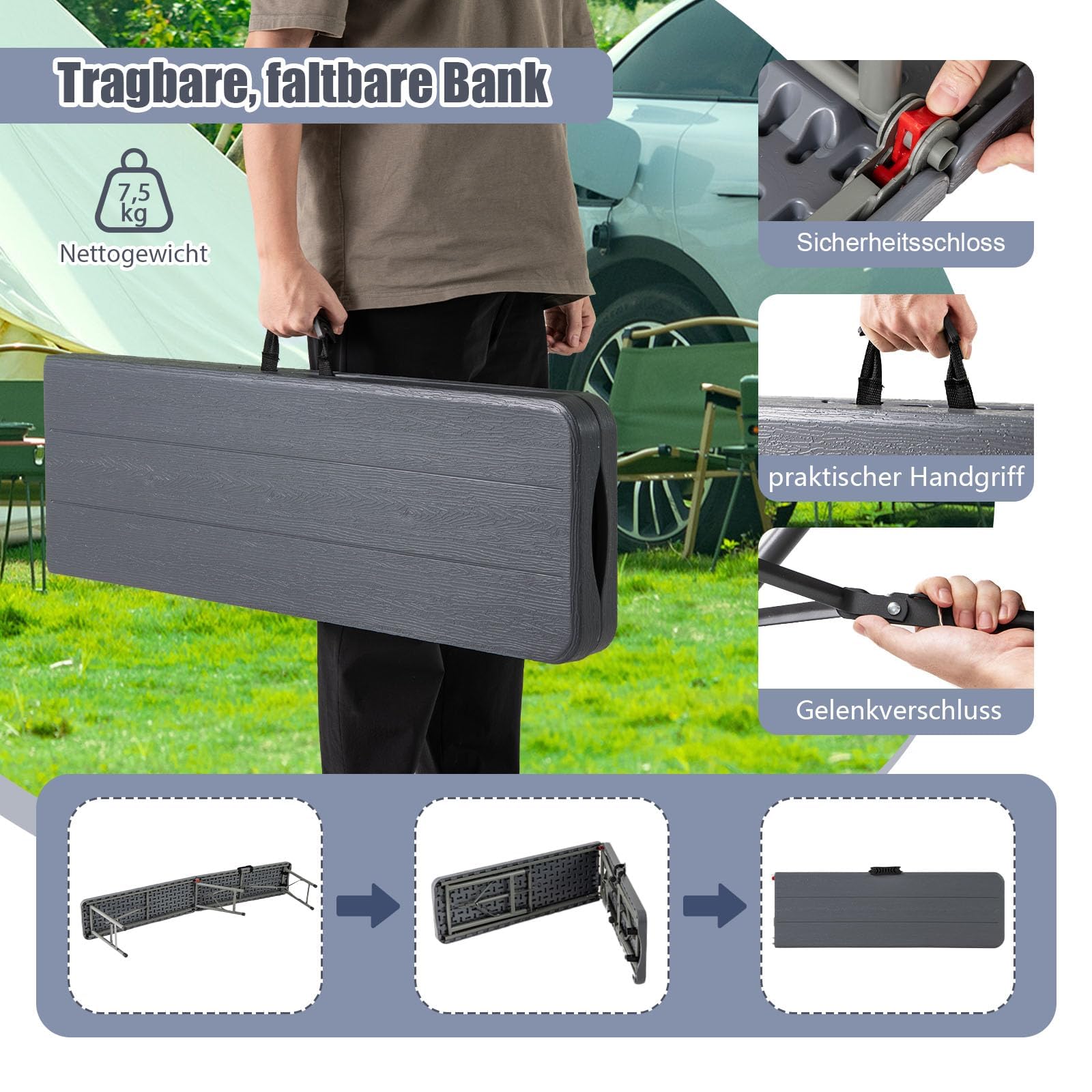 FANTASK Sitzbank aus Kunststoff, Klappbank bis 600 kg belastbar, Bierbank klappbar mit Tragegriff, 180x30x43 cm, Grau
