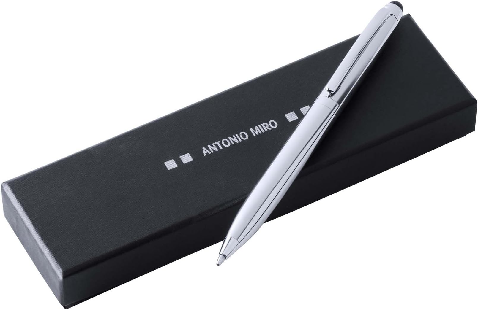 LV PublicidadANTONIO MIRÓ Silver metallic stylus ballpoint pen Presentation logo case, perfect for a gift
