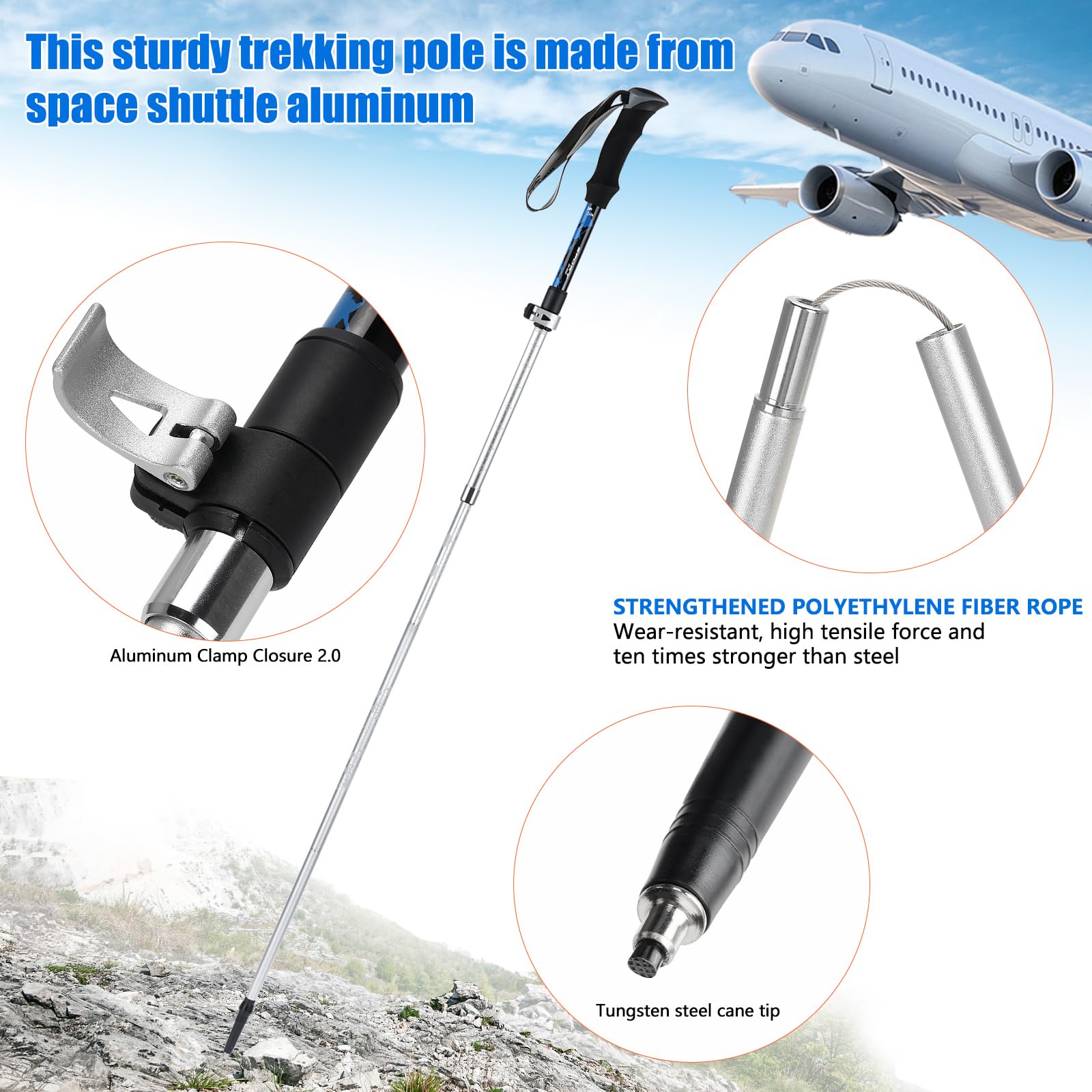 2 bastones de senderismo para hombre y mujer, bastones de senderismo de aluminio, plegables, ligeros, telescópicos, 110-125 cm, para montañismo, senderismo, esquí, trekking