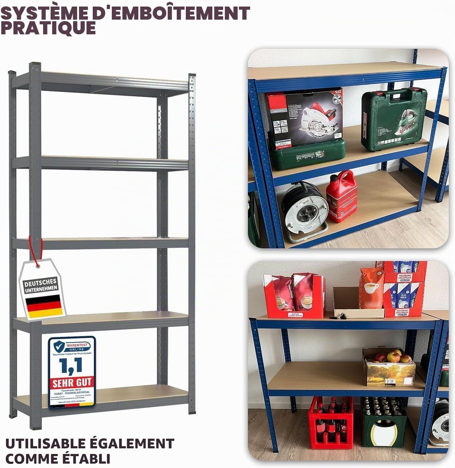 Étagère Étagère pour charges lourdes, garage, cave, atelier, rangement, haute capacité et ajustables (gris anthracite, 180 x 90 x 60 cm)