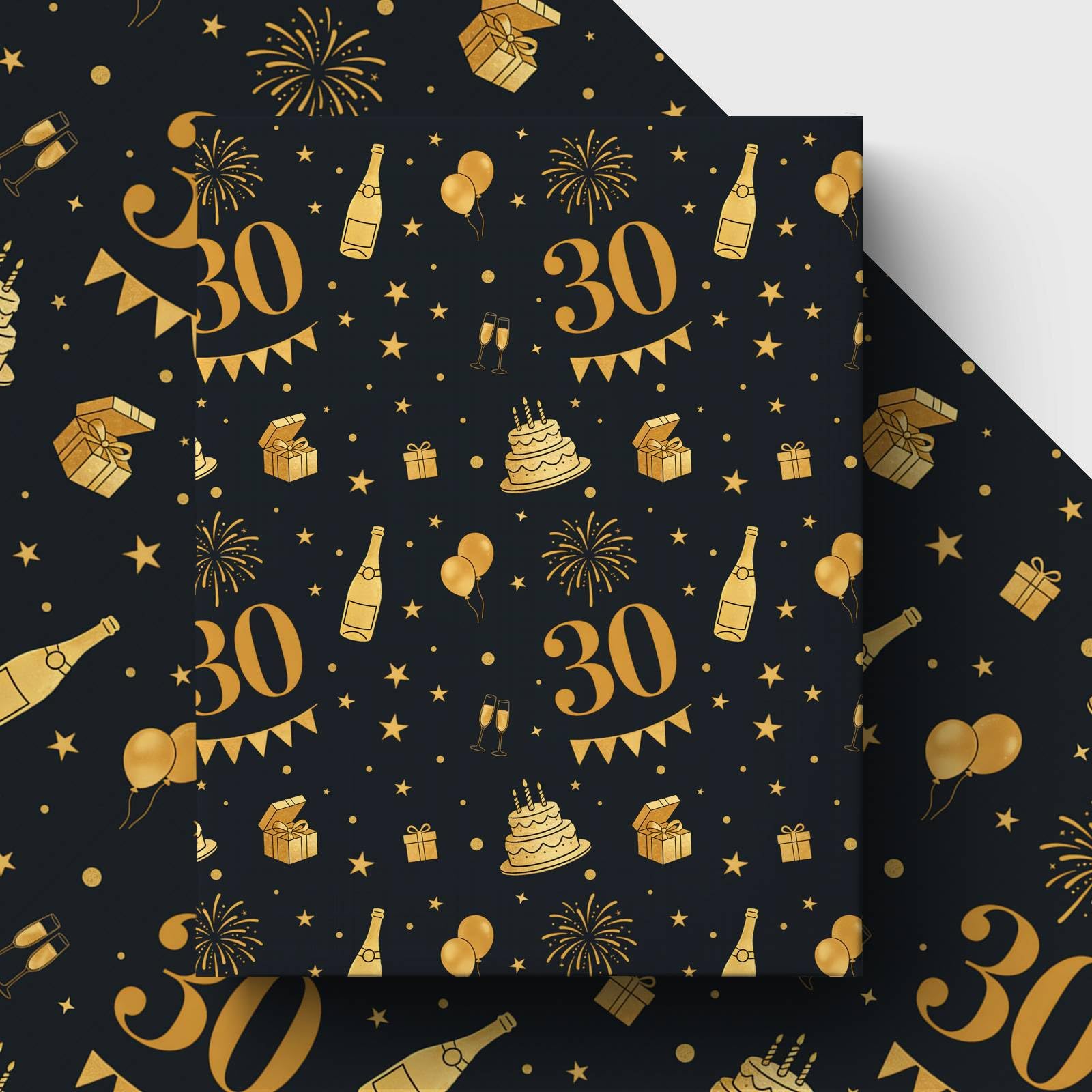 GleeWrap 30th Birthday Wrapping Paper for Men,Black Gold 30 Gift Wrap with Champagne Balloons & Fireworks for Dad Husband Brother, Father’s Day, 4 Sheets 50x70cm