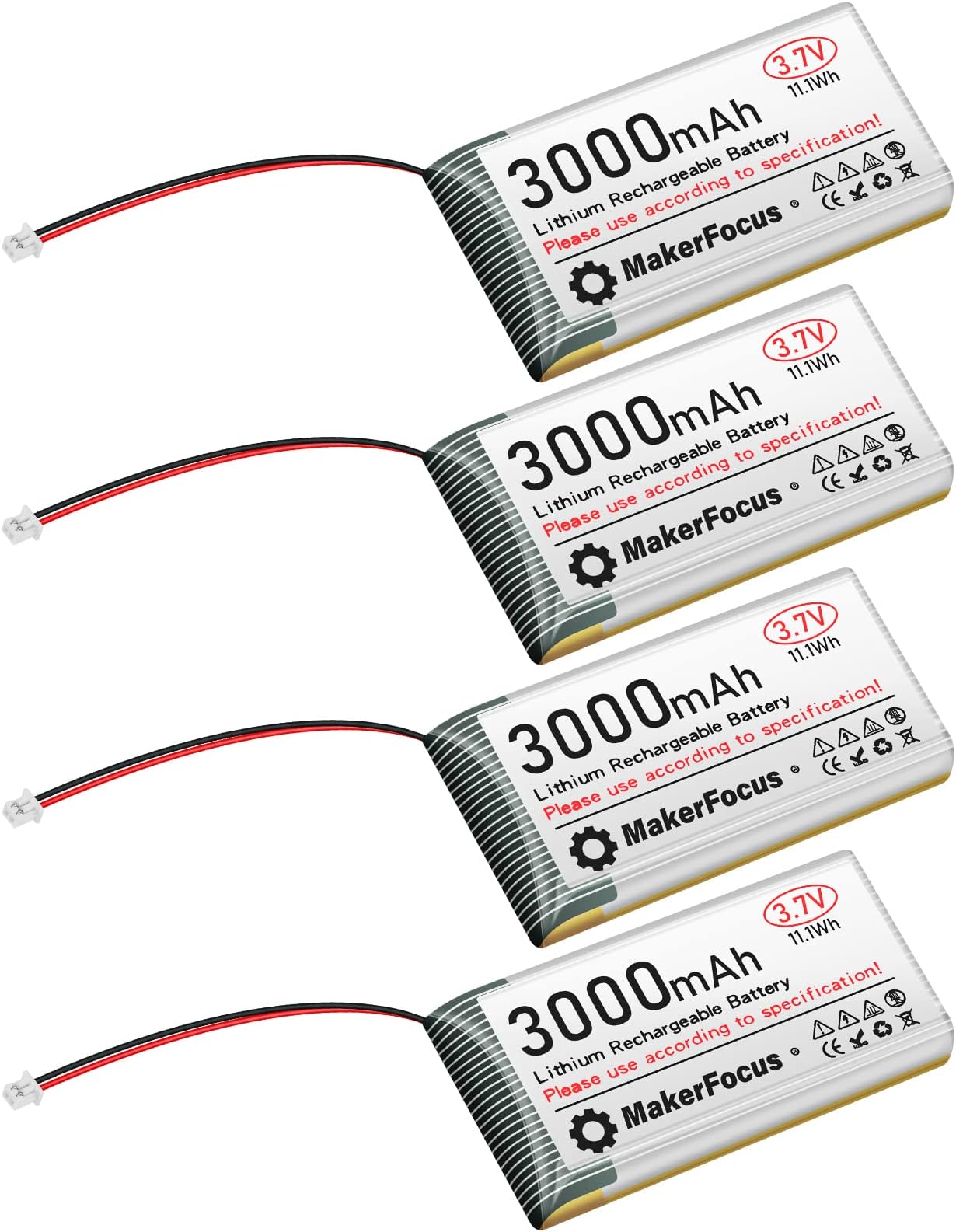 MakerFocus 4pcs 3.7V 3000mAh Lithium Polymer Rechargeable Battery 1S LiPo Battery with Protection Board Insulated Rubber Tape and JST 1.25 Plug for ESP32 Development Board, Mesh Node T114