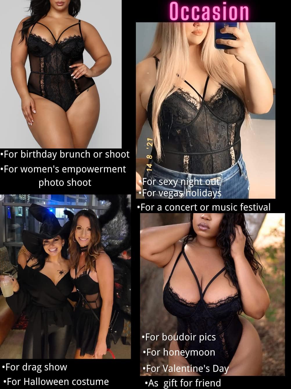 Kaei&Shi Plus Size Eyelash Lace Bodysuit, Snap Crotch Sexy Top Lingerie, Club Outfit - Image 5