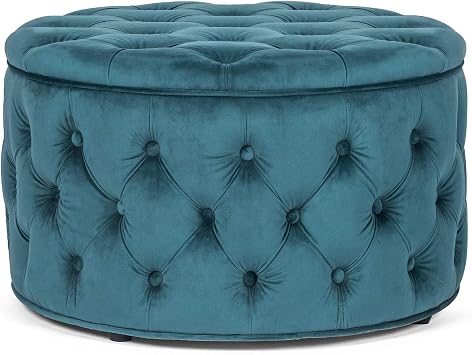 Adeco 28 Inch Round Velvet Storage Ottoman with Lift-Top Lid, Modern Button-Tufted Footstool & Coffee Table for Living Room, Entryway, End of Bed, Beige