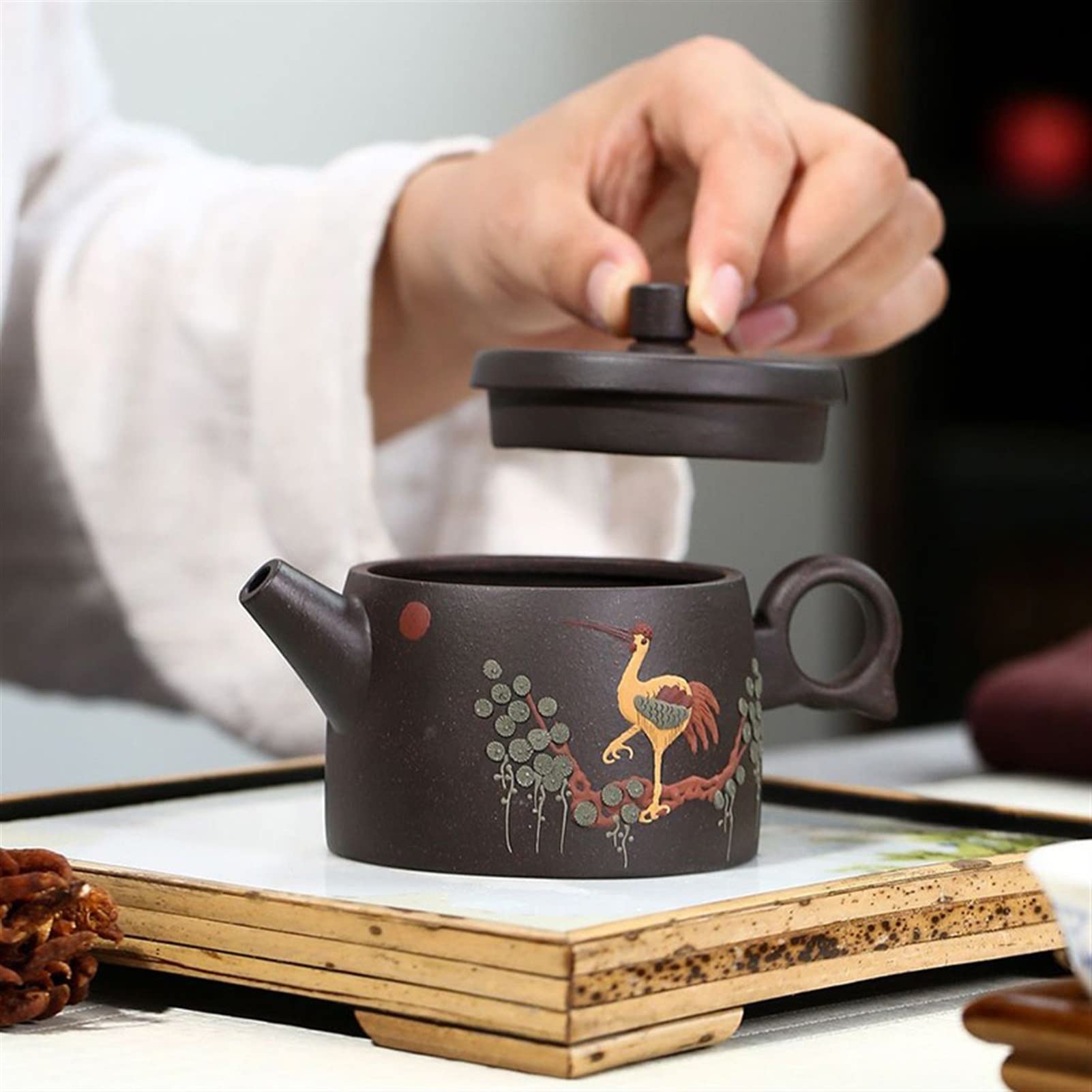 Teiera Piccola Creativa da 180 ml, Fatta a Mano, in Sabbia Viola, con Motivo a Gru, squisita teiera Kung Fu, Resistente.