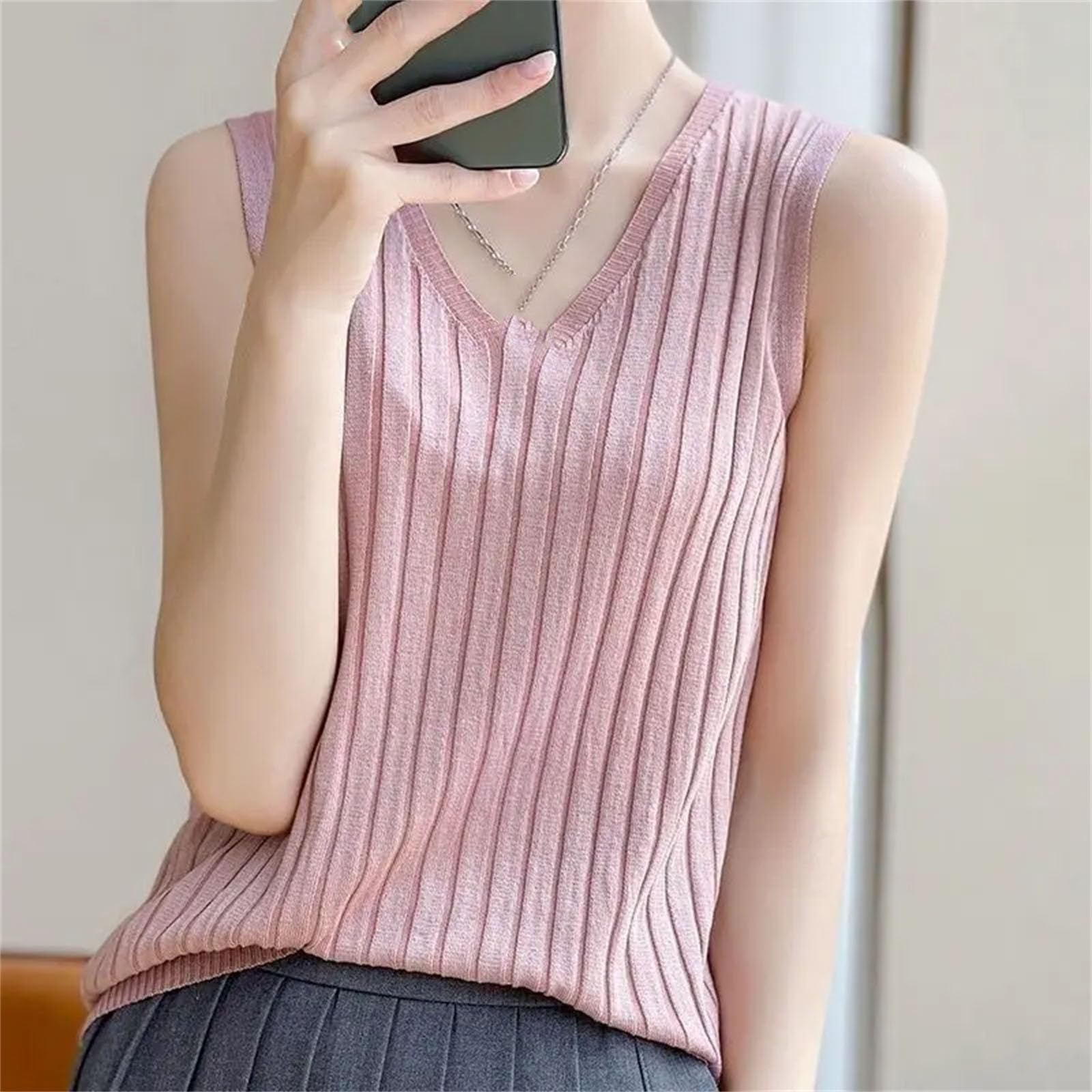 Camiseta sin mangas de seda de hielo para mujer, cuello en V, holgada