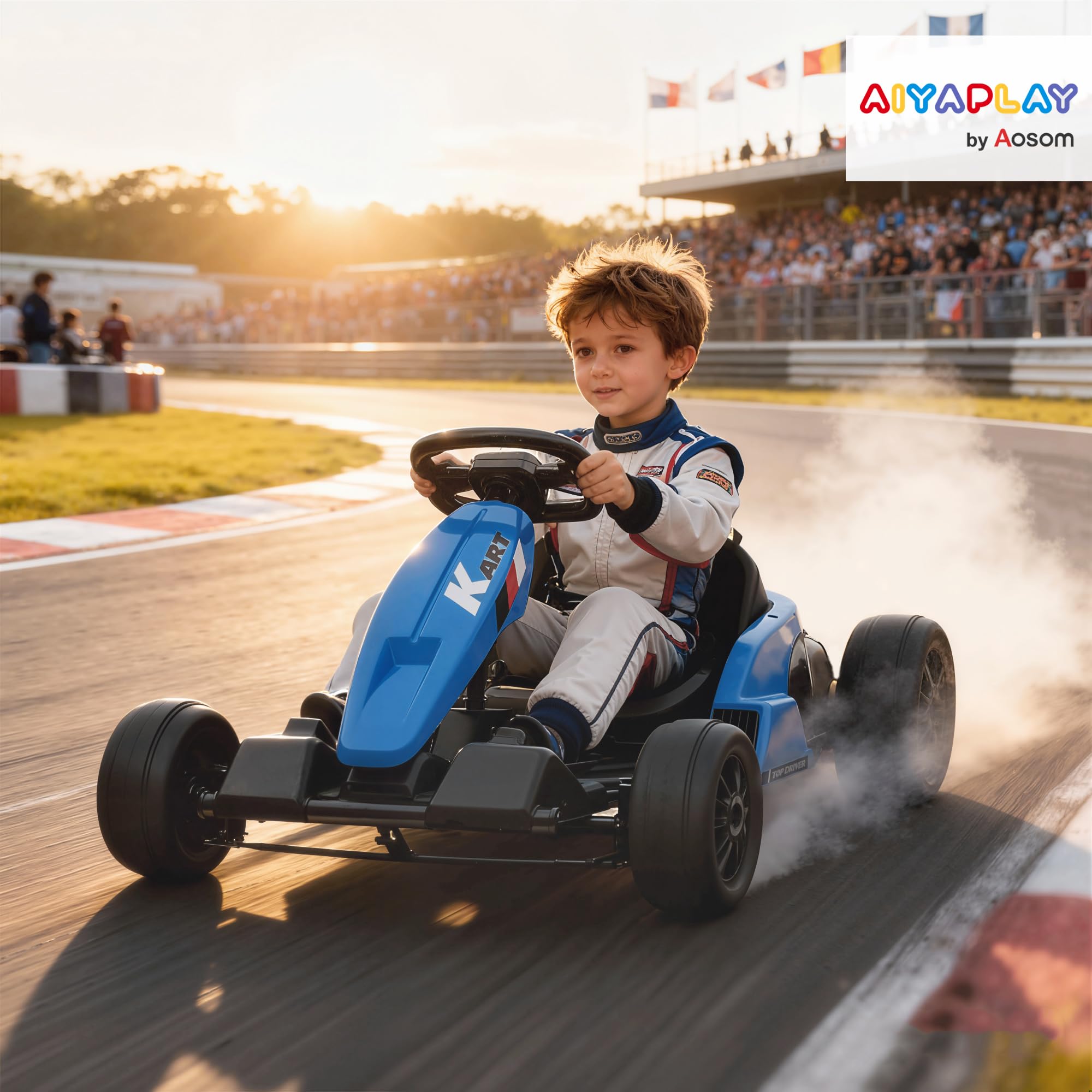AIYAPLAY Kinder Elektro Gokart 24 V 6-18km/h Drift Kart mit 2 Motorn, Driftmodus, Verstellbarer Sitz, Go Kart mit MP3 Musik, USB-Anschluss, Sanft Start Kinderfahrzeug für 6-12 Jahre Blau