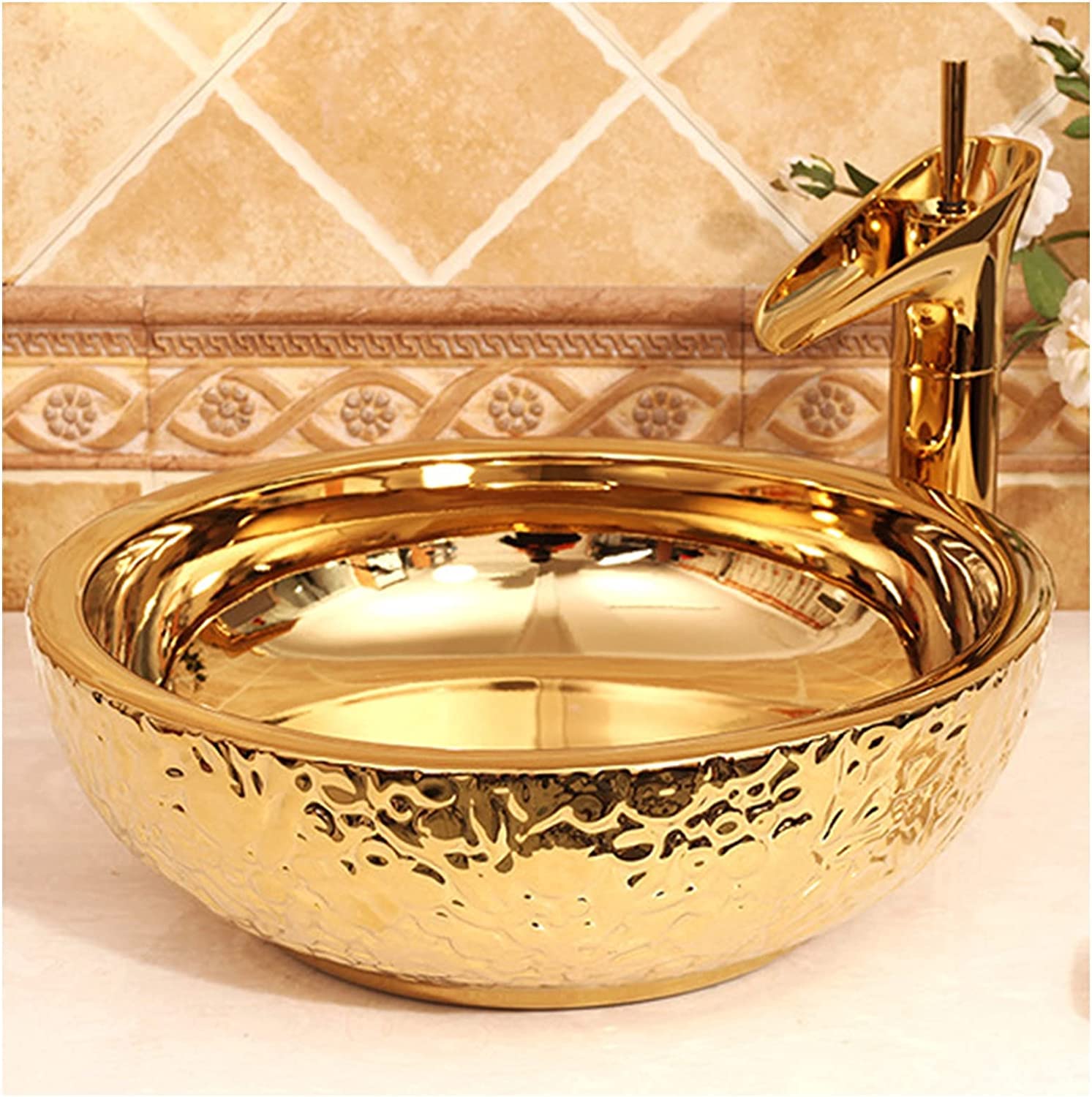 Gljtuo F Vessel Sinks, Bathroom Vessel Sink Luxury Hotel Art Sink Bathrooms Ceramic Wash Basin Round Vessel Sinks Or Bathrooms Counter Top Mounted Round Vessel Sink No Overflow S,-One Size