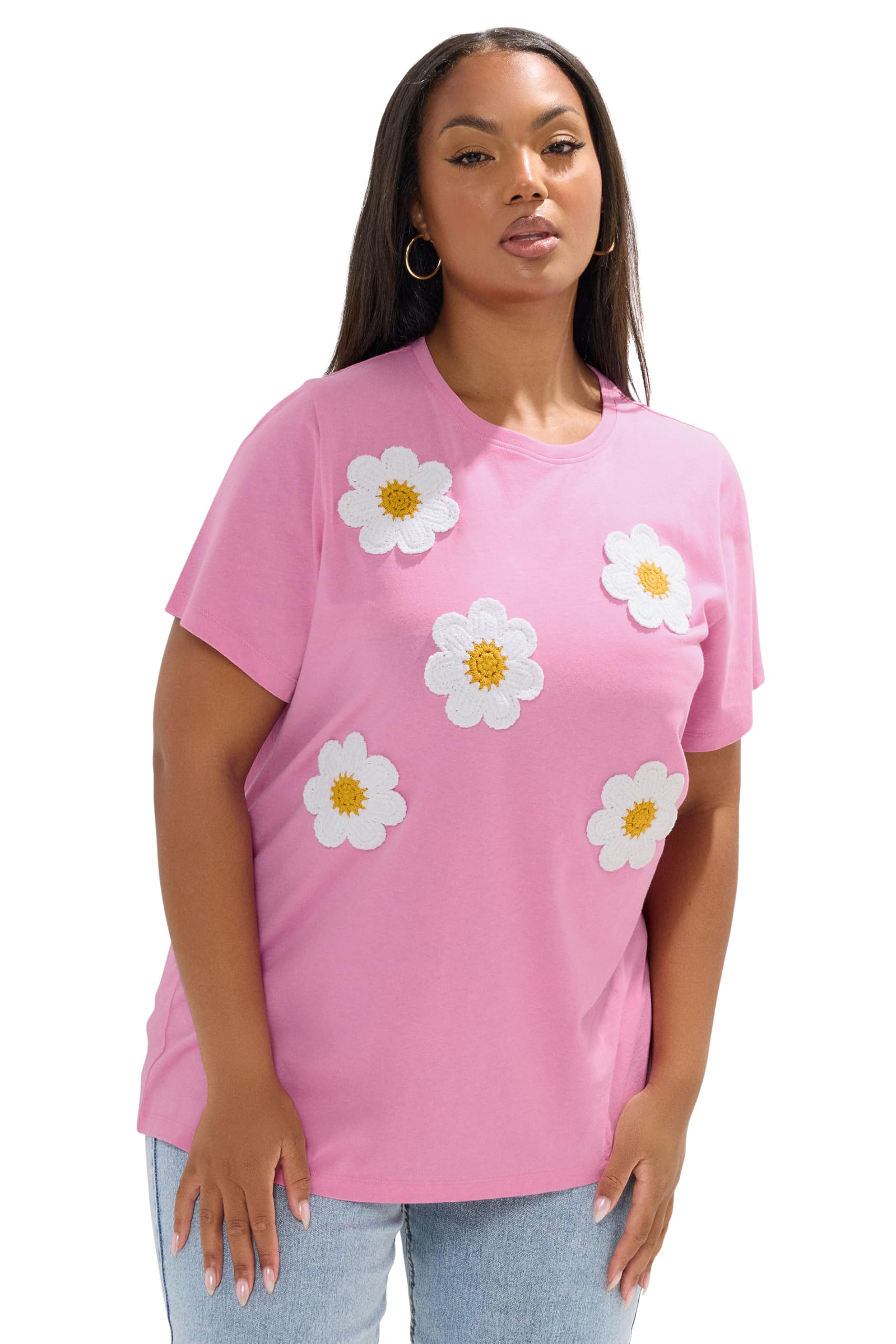 Yours Curve Applique Daisy T-Shirt - Women's Pink Cotton/Denim Size 20