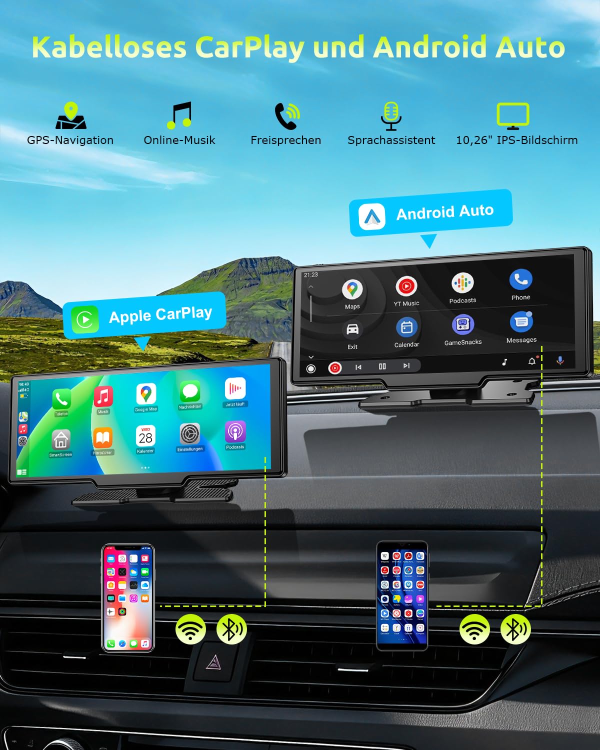 ESSGOO 10.26 Zoll Kabelloses CarPlay Display mit 4K Dashcam 1080P Rückfahrkamera Drahtloser Apple CarPlay & Android Auto, IPS Touchscreen,Bluetooth 5.3,Mirror Link,GPS,FM,AUX, Sprachsteuerung,64GB TF