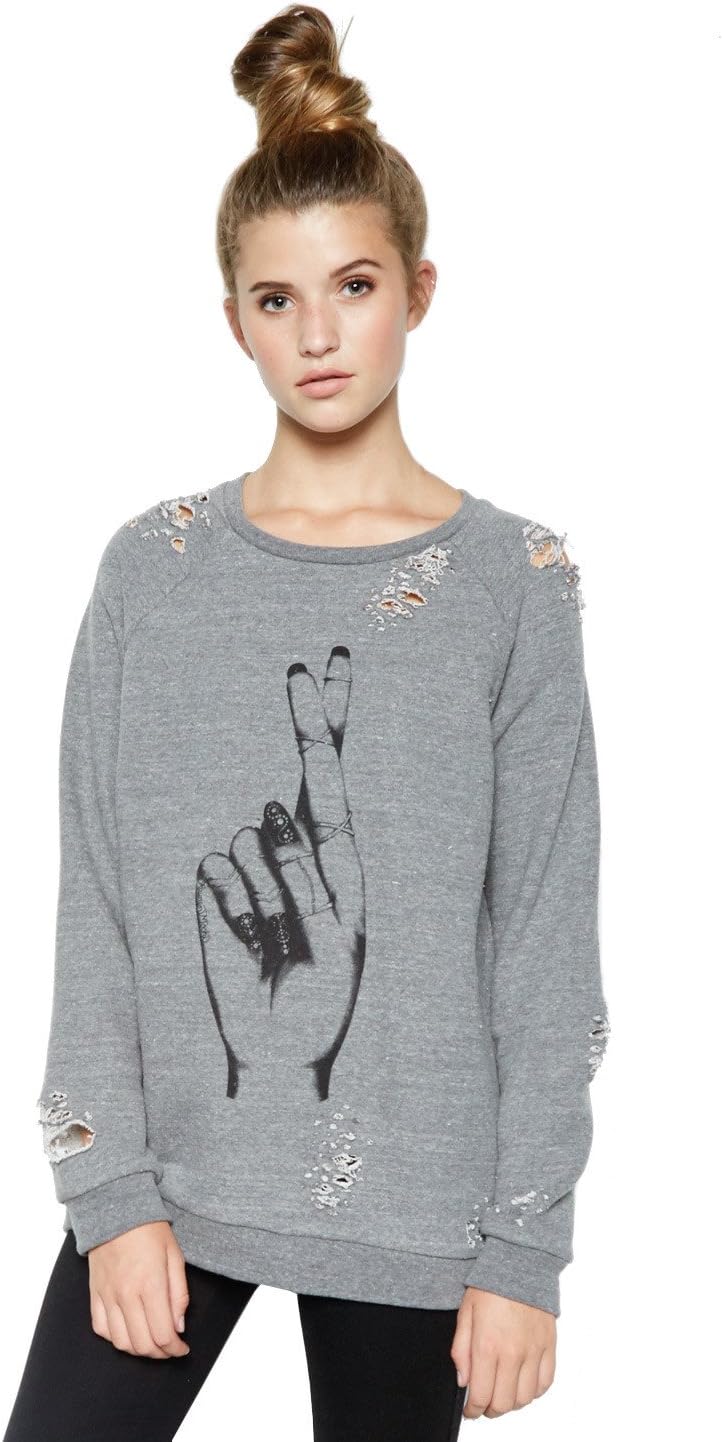Lauren Moshi Heather Grey Jetta "Fingers Crossed" Oversized Distressed Pullover