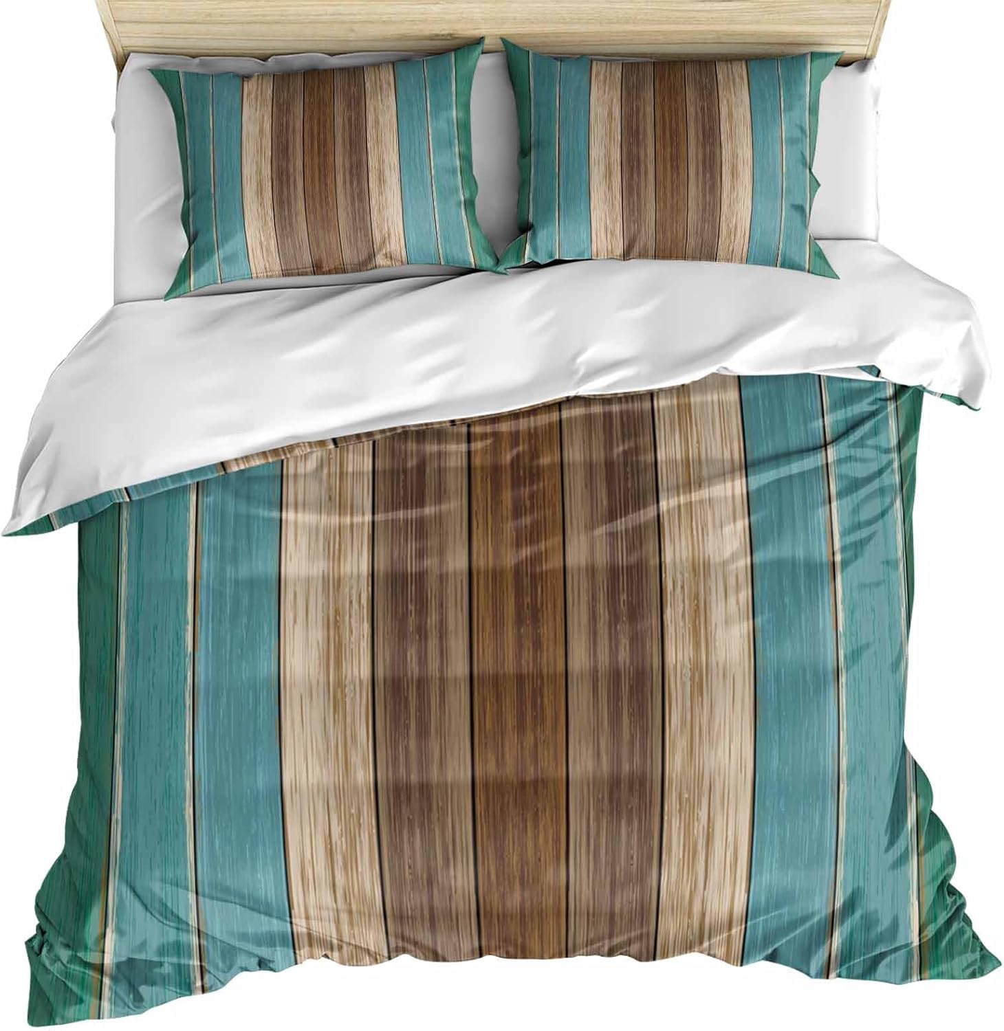 Teal Blue Brown Bedding Duvet Cover Queen Size - 1 Quilt Cover 90x92 Inches with Zipper Closure and 2 Pillowcases, Farmhouse Retro Wooden Grain Stripes Patterned Textured Comforter/Blanket Cover