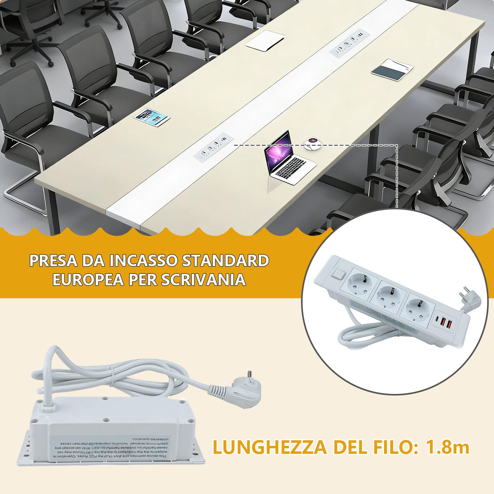 Tavolo da Riunioni per Ufficio Moderno con Passacavi Integrato, Grande Tavolo Conferenza per Sala Meeting, Struttura Stabile per Più Persone