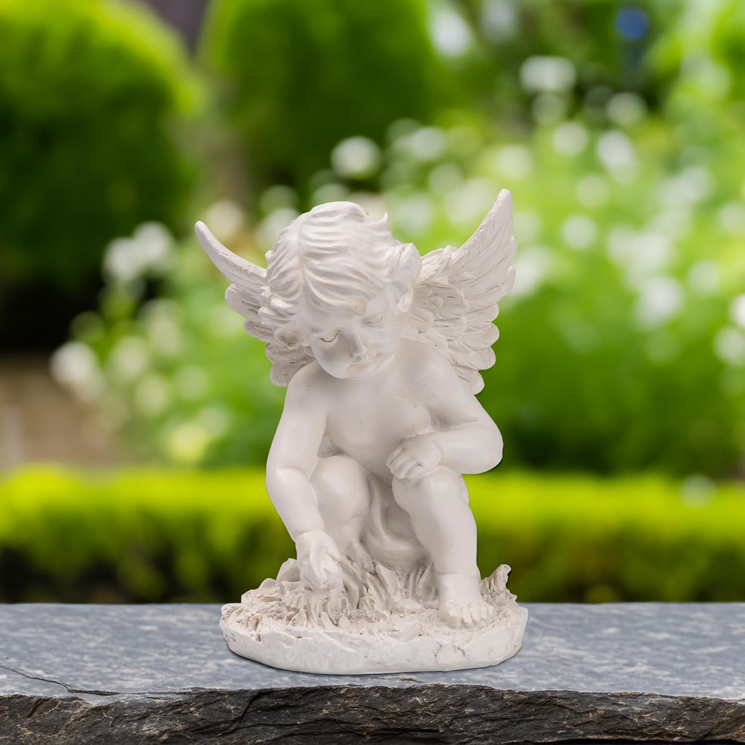 Northlight Heavenly Gardens Distressed Sitting Cherub Angel Outdoor Patio Statue, 12", Distressed Ivory White