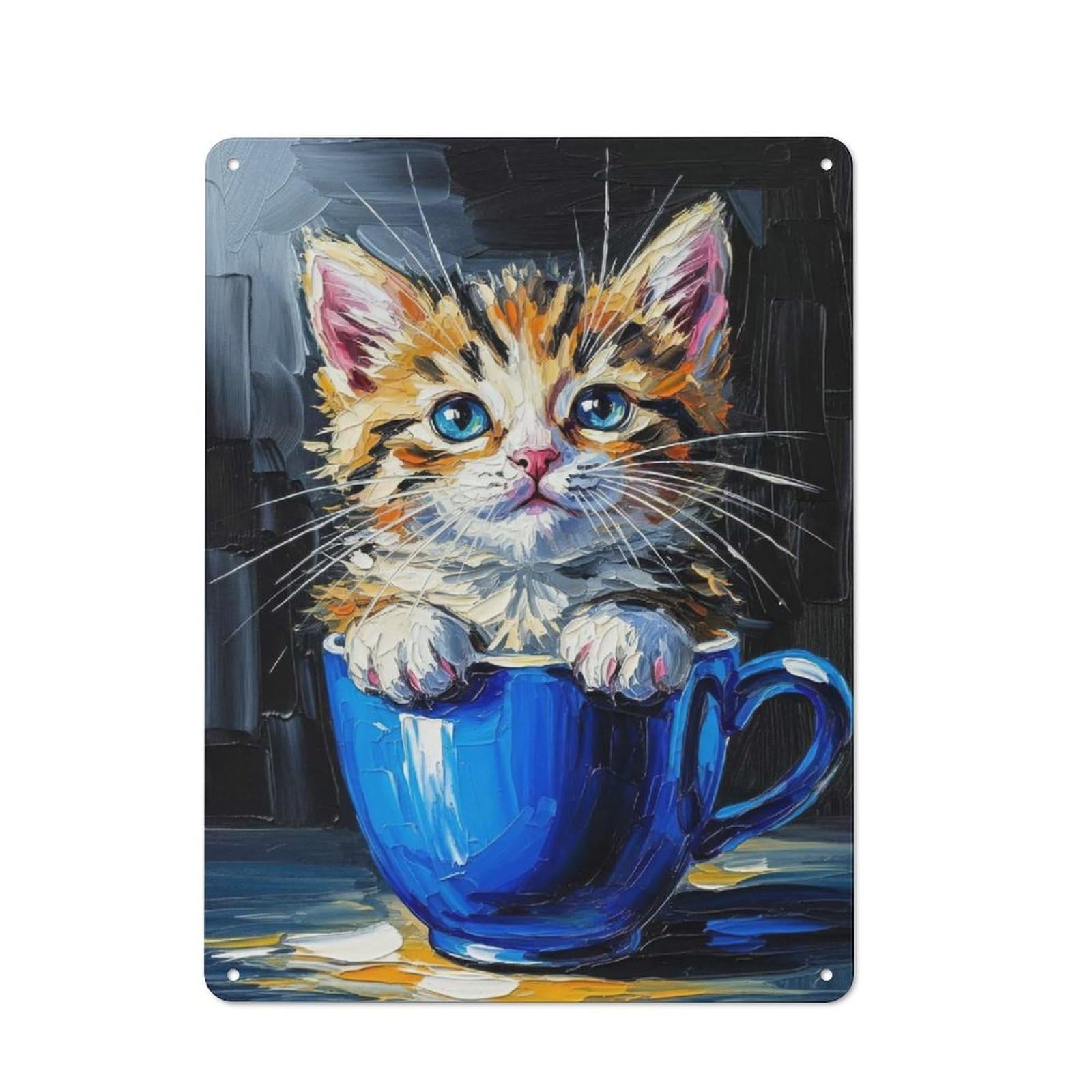 Junmoney Style Kitten In A Cup Painting Rustic Tin Wall Plaque 40X30cm For Hobby Room Or Studio, A Christmas Gift For People Styling Hobby Room And Studio