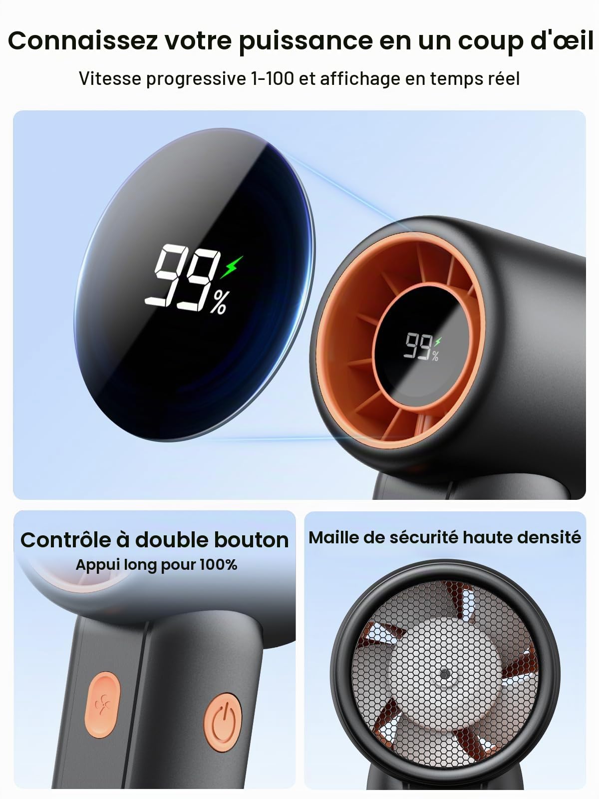 Warmco Mini ventilateur portatif 5000 mAh Turbo personnel | Batterie 5000 mAh, autonomie de 6 à 18 h, moteur 15 000 tr/min, débit d'air 9 m/s, 5 vitesses, écran LED