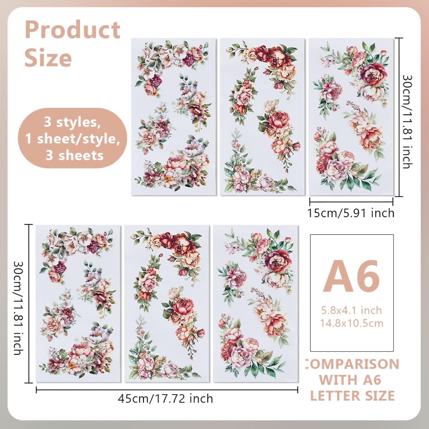 OLYCRAFT 3pcs/Set Corner Flower Rub on Transfers for Furniture and Crafts 6x12 inch Roses Peonies Decor Transfer Stickers Floral Rub on Decals for Wood Furniture Scrapbooking Home Decorations