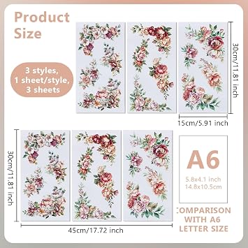 OLYCRAFT 3pcs/Set Corner Flower Rub on Transfers for Furniture and Crafts 6x12 inch Roses Peonies Decor Transfer Stickers Floral Rub on Decals for Wood Furniture Scrapbooking Home Decorations