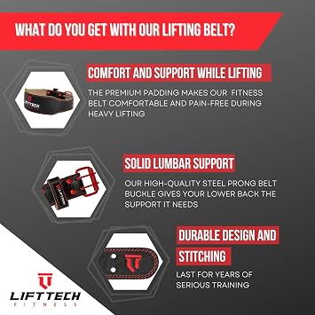 Lift Tech Fitness 4'' Padded Weight Lifting Belt - Leather Workout Belt for Men & Women - Gym Belt for Powerlifting, Deadlift, Strength training - 4'' Padded Belt for Weightlifting - Black