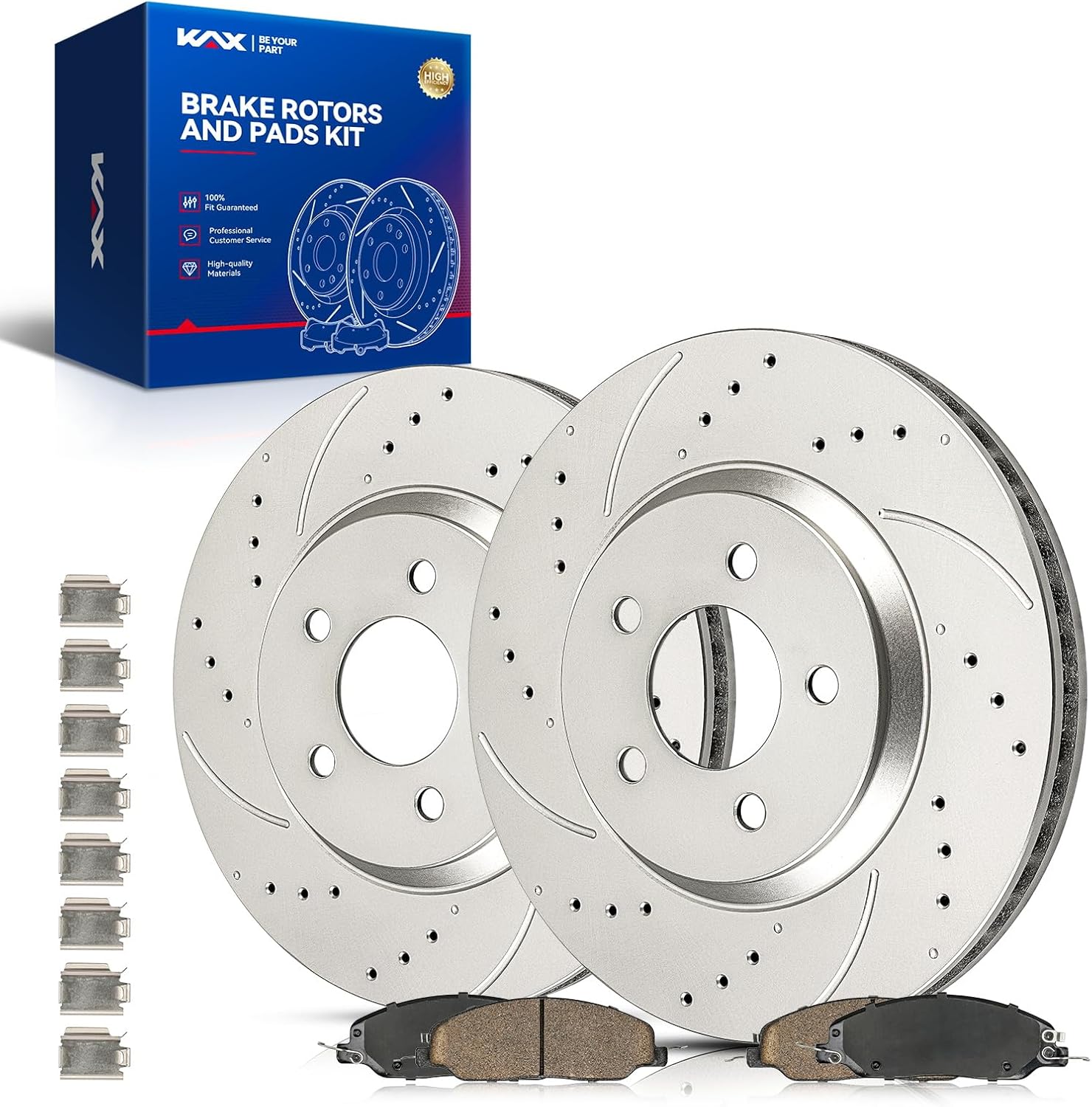 KAX Front Brake Kit, Drilled and Slotted Brake Rotors, Ceramic Brake Pads | Fits Ford Mustang 2011 2012 2013 2014 3.7L, Ford Mustang 2010 4.0L, Automotive Replacement Brake Kit
