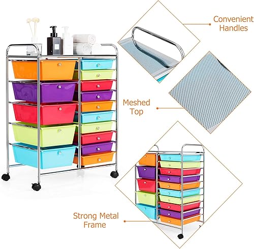 Miniatura 7 de RIVALLYCOOL Carrito de almacenamiento rodante con 15 cajones, organizador de papel móvil para libros, carrito de herramientas con ruedas, ideal para