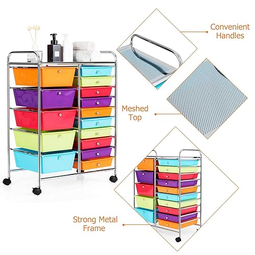 Miniatura 7 de RIVALLYCOOL Carrito de almacenamiento rodante con 15 cajones, organizador de papel móvil para libros, carrito de herramientas con ruedas, ideal para