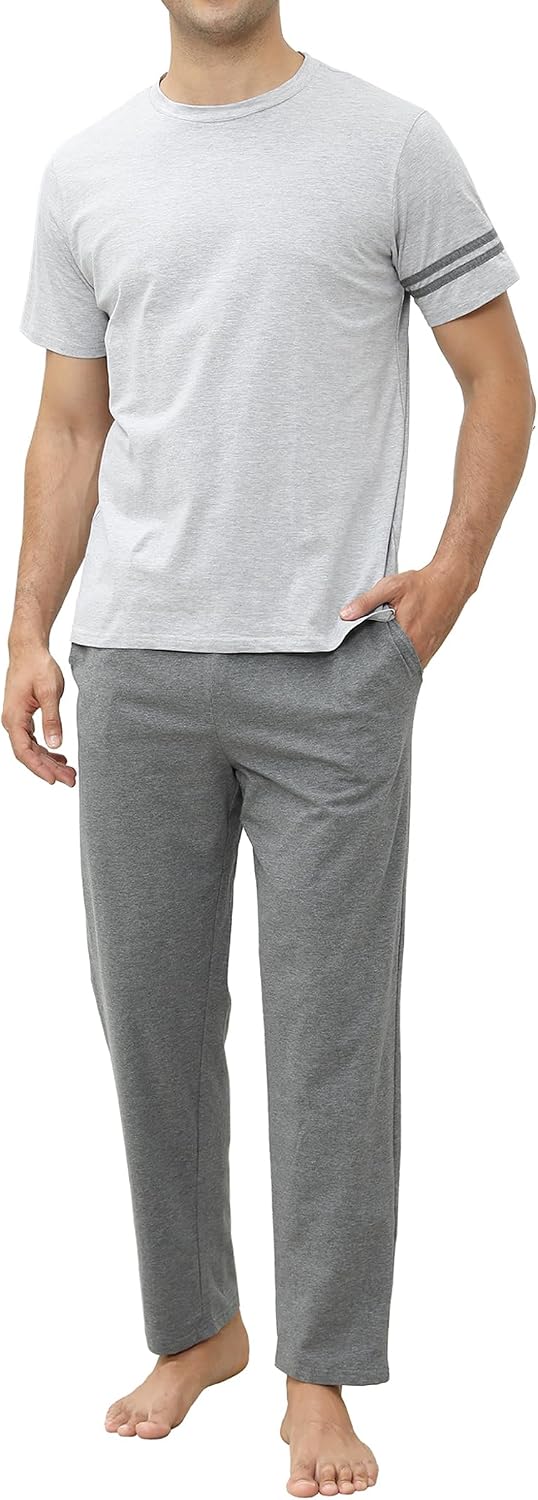 Mens Pajamas Set Cotton Short Sleeve & Pants Men's Sleepwear Mens Pjs Sets Soft Comfy Loungewear Set with Pockets
