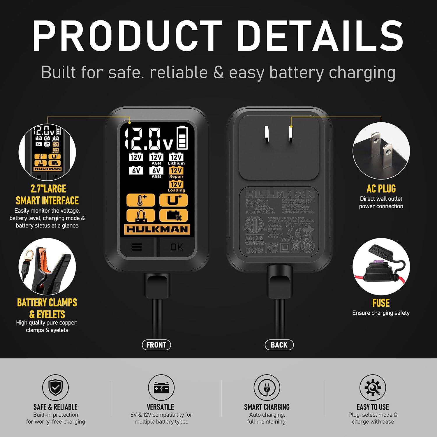 HULKMAN Sigma 1 Smart Battery Charger 6V/12V 1A with Large LCD Display, Automatic Lithium & Lead-Acid Tickle Charger Maintainer & Desulfator for Car Motorcycle Lawn Mower Deep Cycle