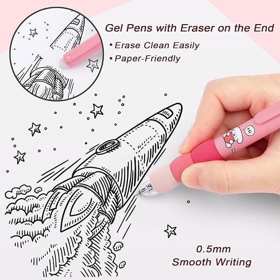 Pencil Case with Stationery Included, Pencil Case Set & School Stationary Supplies, School Stationery Set with 12 Highlighters, 5 Gel Pens & 4 Erasable Pens, Sticky Notes & A7 Notebook, Pink