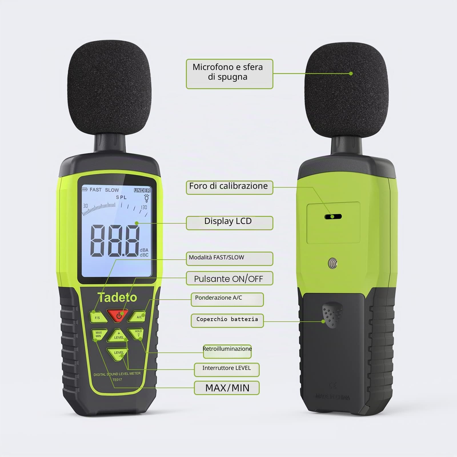 Fonometro， Tadeto Fonometro Professionale Portatile da 30dB a 130dB con Display LCD retroilluminato,Misura del rumore MAX/MIN,Conservazione dei dati,Modalità A/C，per aula, ufficio, fabbrica