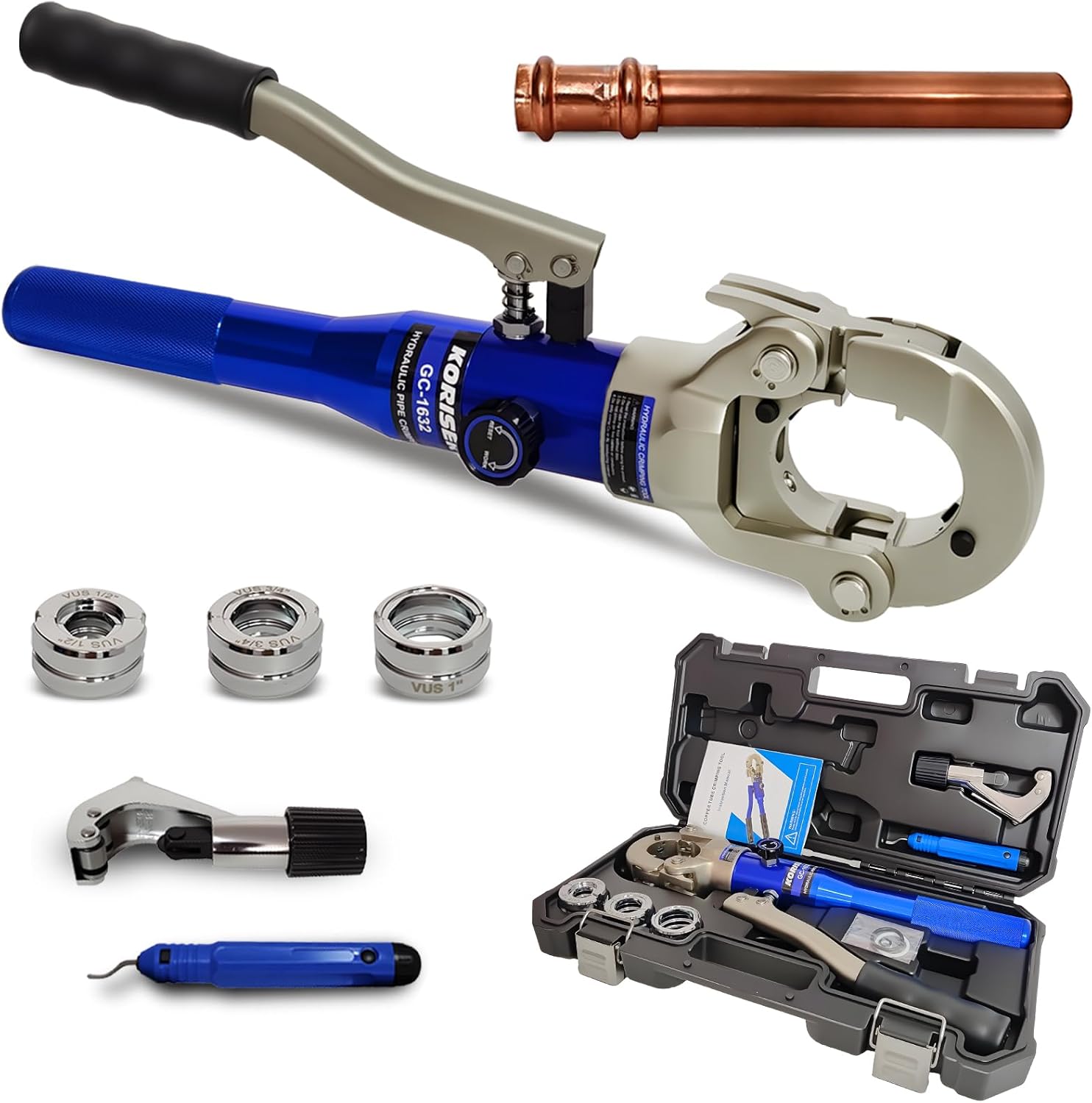 Copper Tube Fittings Hydraulic Pipe Crimping Tool with 1/2",3/4" and 1" Jaw Copper Pipe Press Crimper Pressing Pliers, with Pipe Cutter