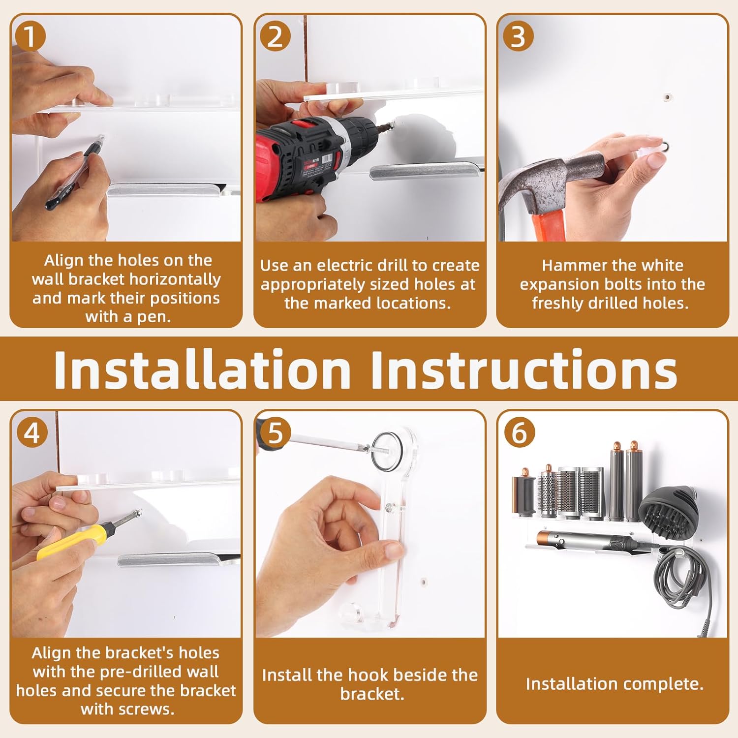 7-Hole Wall Mount Holder Compatible with Dyson Airwrap Styler and Accessories, Acrylic Wall Mount Organizer Compatible with Dyson Airwrap Style i.d Multi-Styler