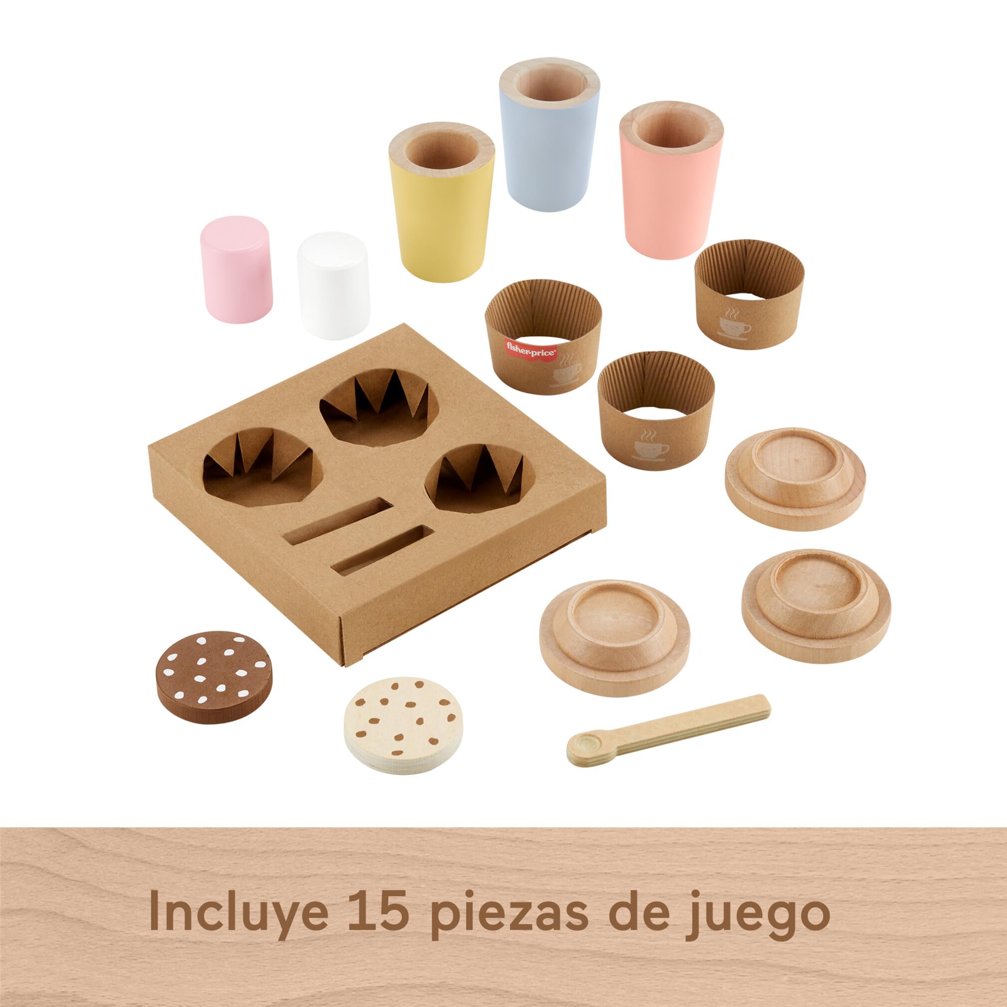 Fisher-Price Set de café para Llevar de Madera, Juguete de imitación con 15 Piezas Fabricadas en Material Certificado FSC, Juego Inspirado en Montessori, +3 años (HXT85)