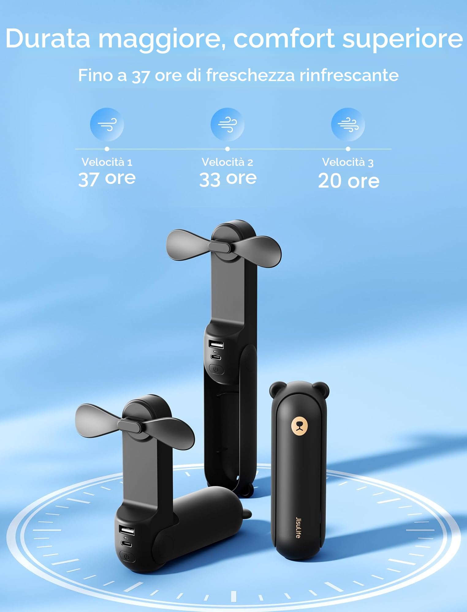 JISULIFE Ventilatore portatile con Powerbank da 4500 mAh,autonomia massima di 46 ore,ventola tascabile alimentata a batteria,ventola personale pieghevole alimentata tramite USB,3 velocità-Nero