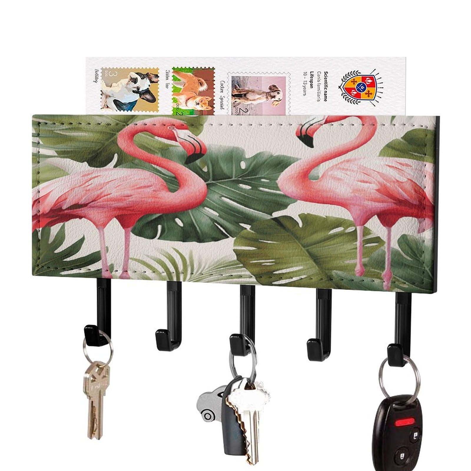 Vstadank Black-Style Flamingo Palm Trees Leaf Key Holder For Wall Decorative Mail Organizer Exquisite Coat Rack Pu Wall Mount Adhesive Keys Rack With Tray&5 Key Hook For Door Hallway Entryway Decor