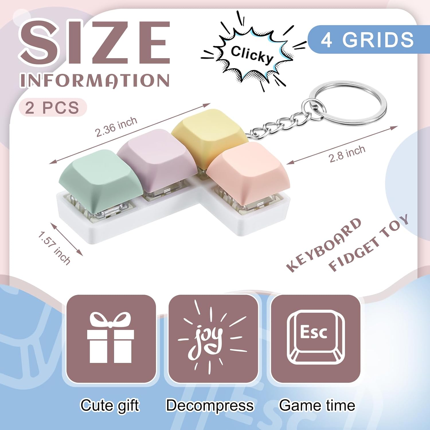 Taiyin Keyboard Toy Clicker Keyboard Fidget Keychain Decompression Toys Button Stress Relief Gifts for Adult to Relief Stress Pass The Time(Macarons Colors,L Style)