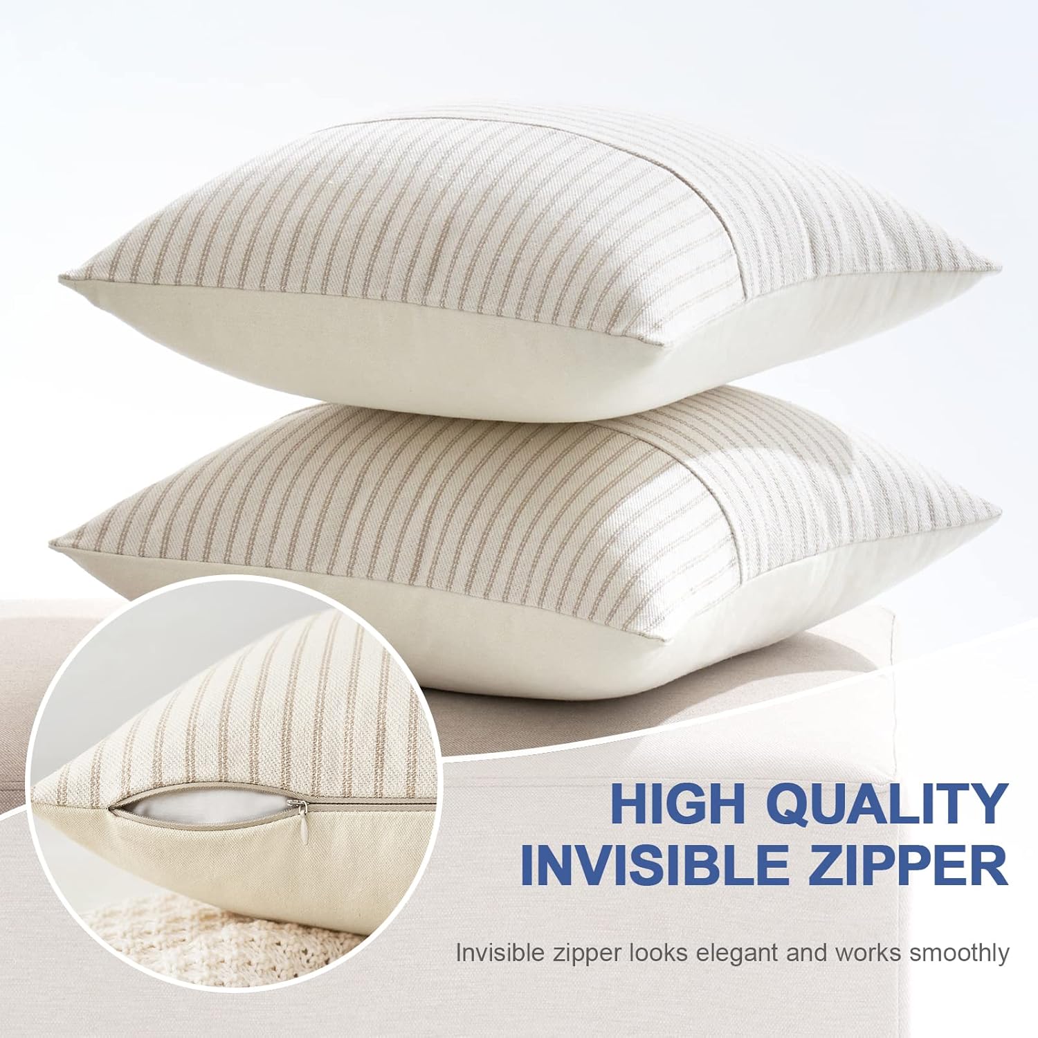 MIULEE Pack of 2 Decorative Linen Striped Pillow Covers Khaki and Beige Bundle Set of 2 Pillow Inserts 18x18