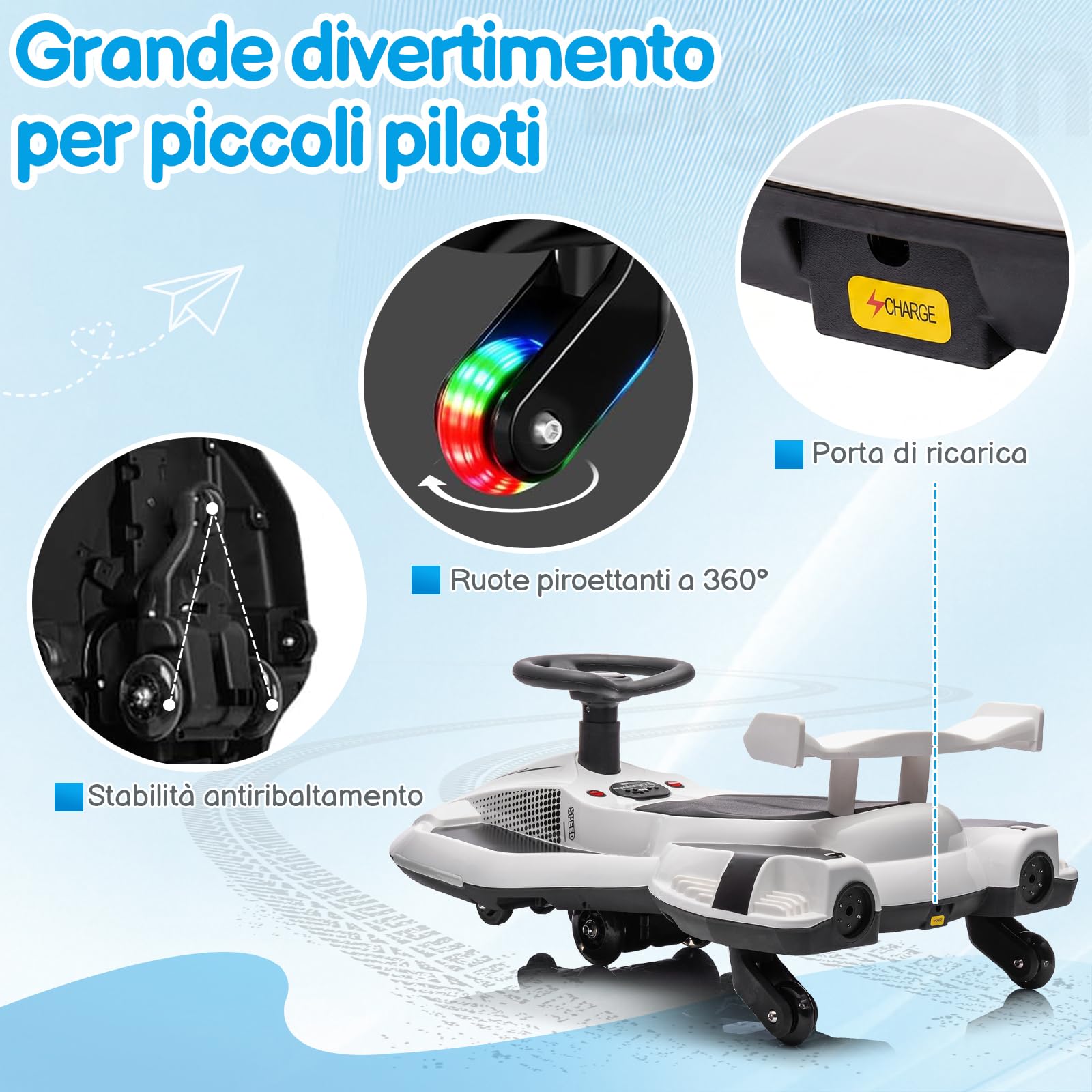 LALAHO Macchina Elettrica Per Bambini 12 V con Pedale, 2 in 1 Auto Elettrica con 2 Velocità, Luci LED, Protezione Antiribaltamento, ruote luminose, per bambini dai 3 anni in su (Bianco-Nero)