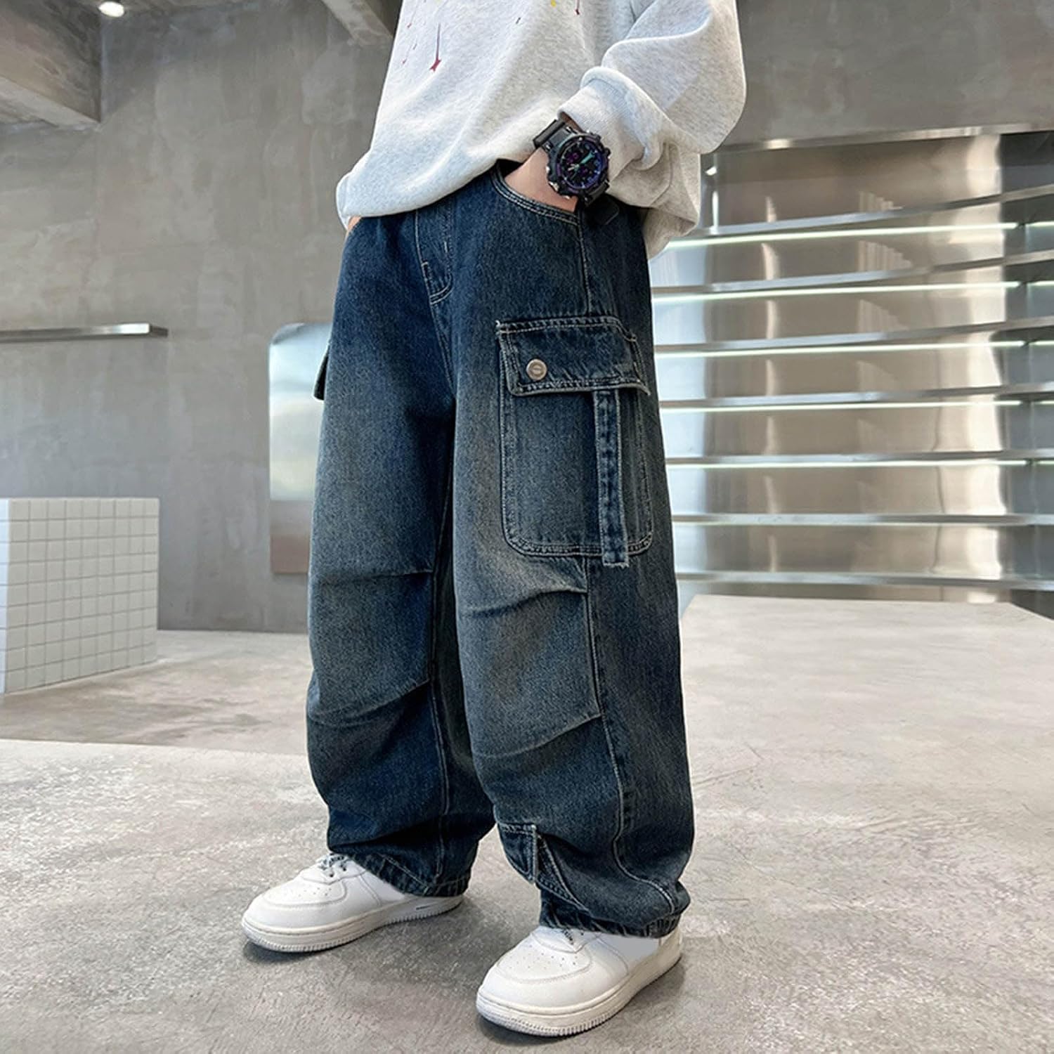 Boys Vintage Jeans Kids Baggy Denim Pants Y2K Straight Wide Leg Cargo Trousers Boyfriend Jeans with Pockets