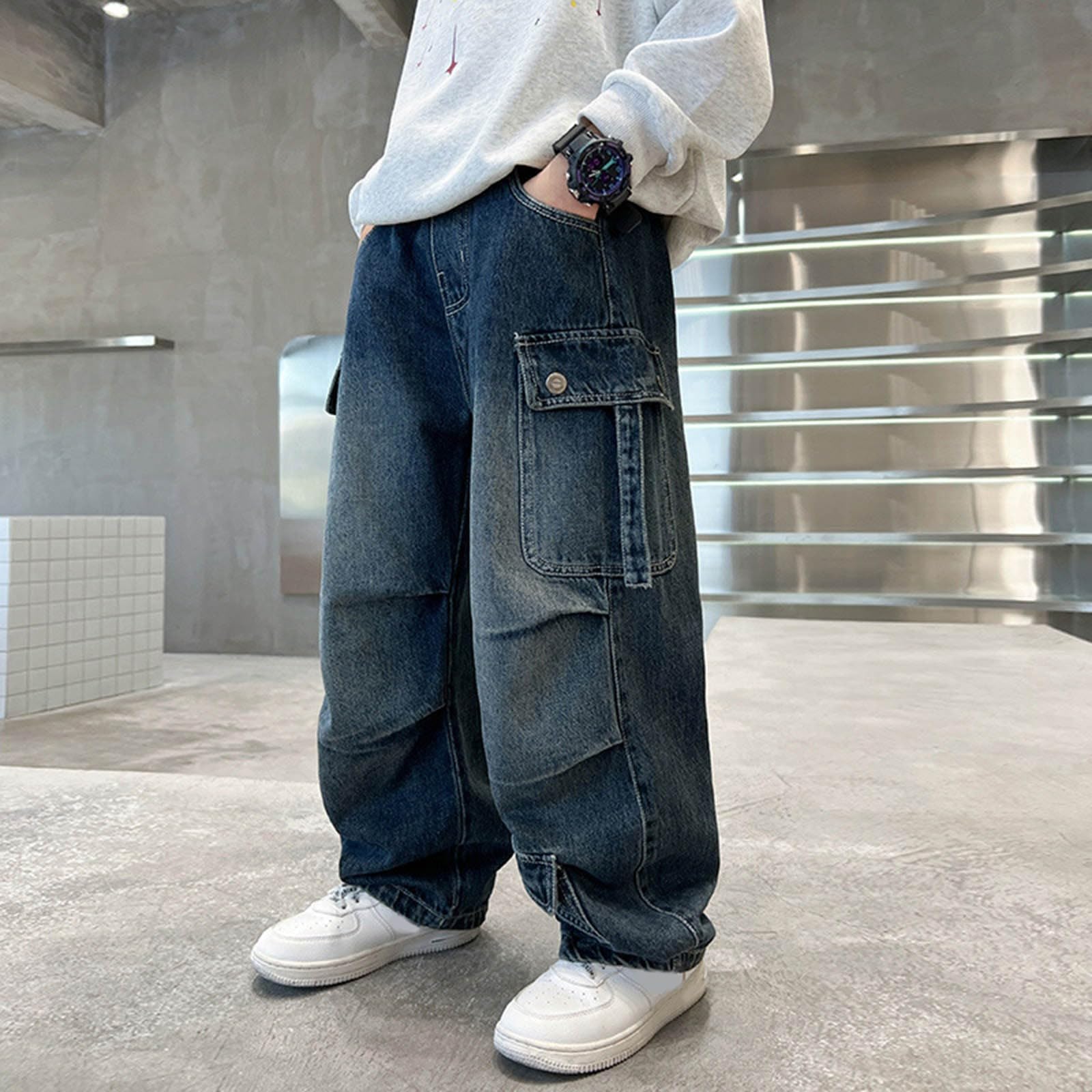 Generico Jeans Baggy Ragazzo - Pantaloni Cargo Casual in Denim per Ragazzi Pantaloni Larghi alla Moda per Le Stagioni Autunnali Pantaloni Lunghi Comodi per Bambini Outfit Elegante