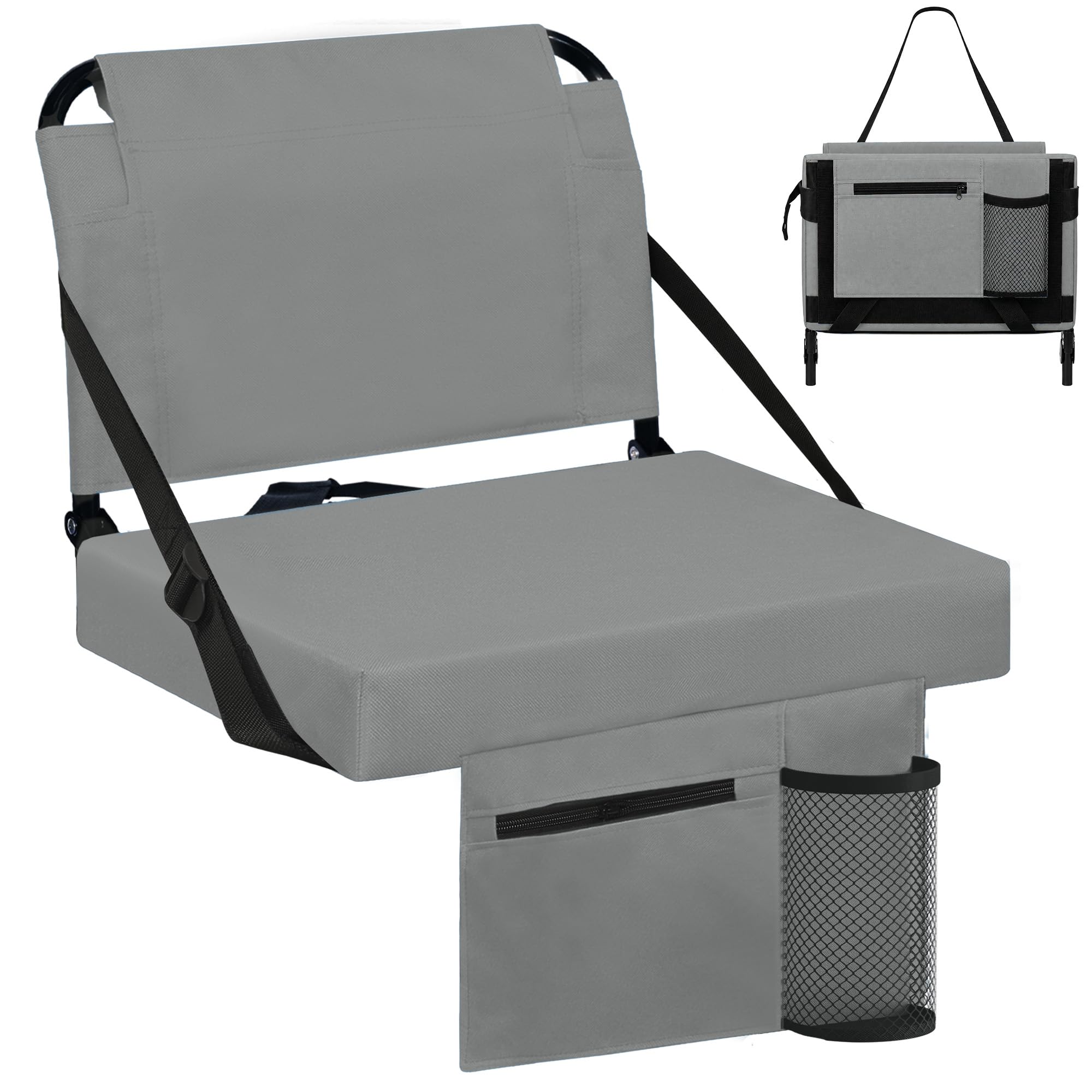 Photo 1 of Besunbar Stadium Seats for Bleachers with Back Support Bleacher Seat Soft Cushion Light Weight Includes Shoulder Strap & Cup Holder, Front & Back Zipper Pocket, Suitable for Sports Events,Grey