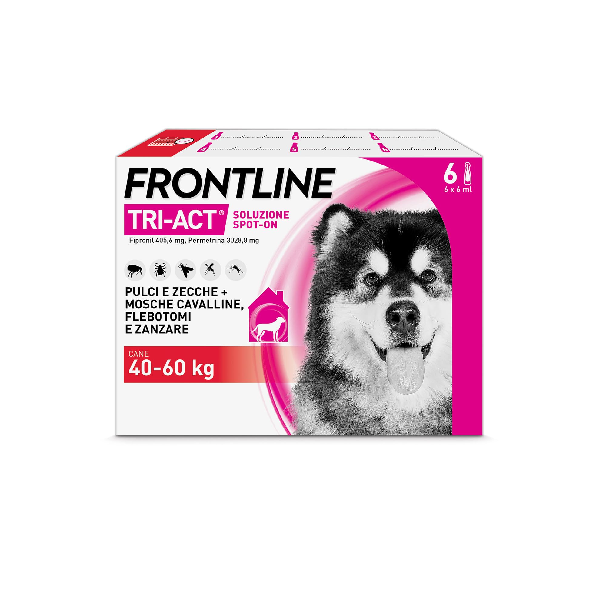 Frontline Triact, 6 Pipette, Cane XL (40-60Kg), Antiparassitario Per Cani E Cuccioli Di Lunga Durata, Protegge Il Cane Da Pulci, Zecche, Zanzare, Pappataci E Leishmaniosi, Antipulci 6 Pipette