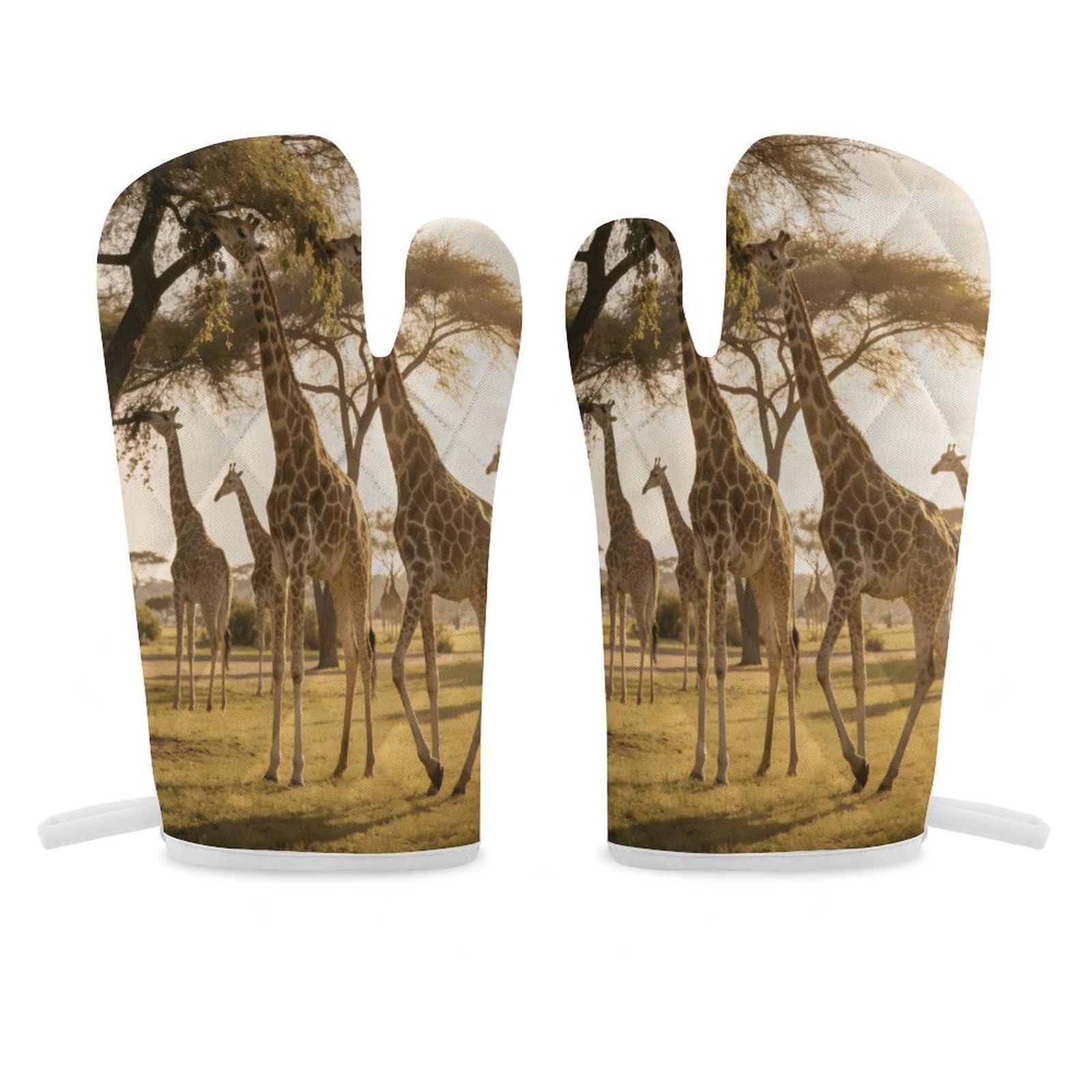 Giraffe Park Beige Oven Mitt Heat Resistant Potholder Set,Durable Oven Gloves for Gifts,Glove Pot Holder for Cooking Baking Grilling BBQ
