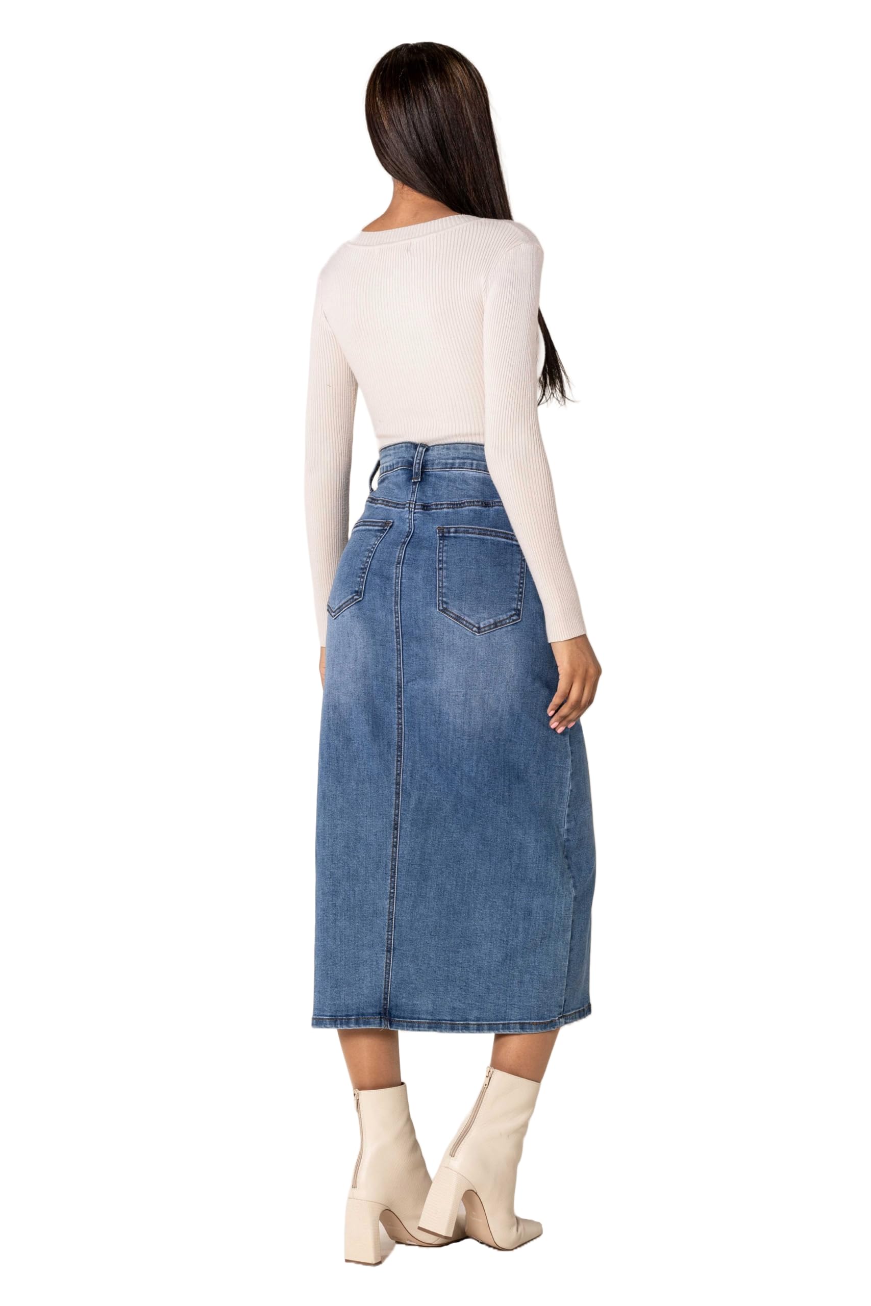 Nina Carter P215 Damen Jeansrock High Waist – Langer Stretch-Rock mit Schlitz vorne, Used Look, Wadenlang mit Reißverschluss