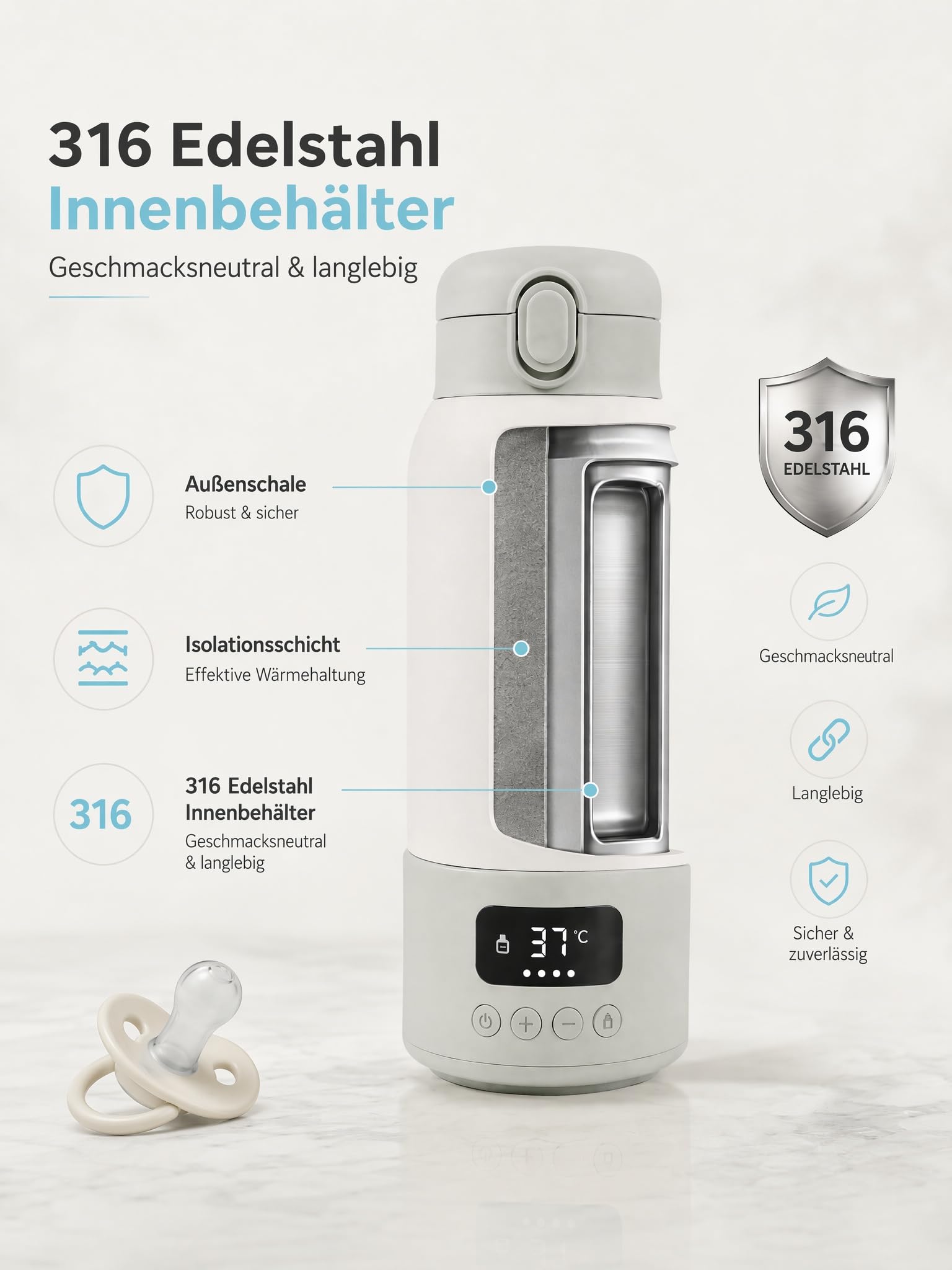 Flaschenwärmer Baby unterwegs mit Akku, tragbar, 500ml für Wasser & Milch | 316 Edelstahl Innenbehälter, präzise Temperaturregelung 35-70°C, 24h Warmhaltefunktion und USB-C Schnellladung