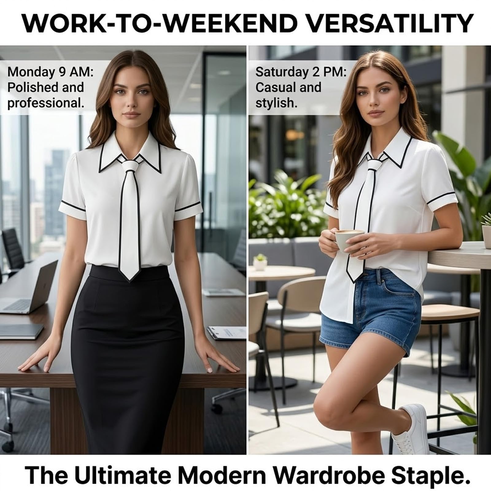 Blusa de satén de manga corta con botones para mujer, elegante, delgada, para negocios, trabajo, oficina, informal, con lazo en el cuello