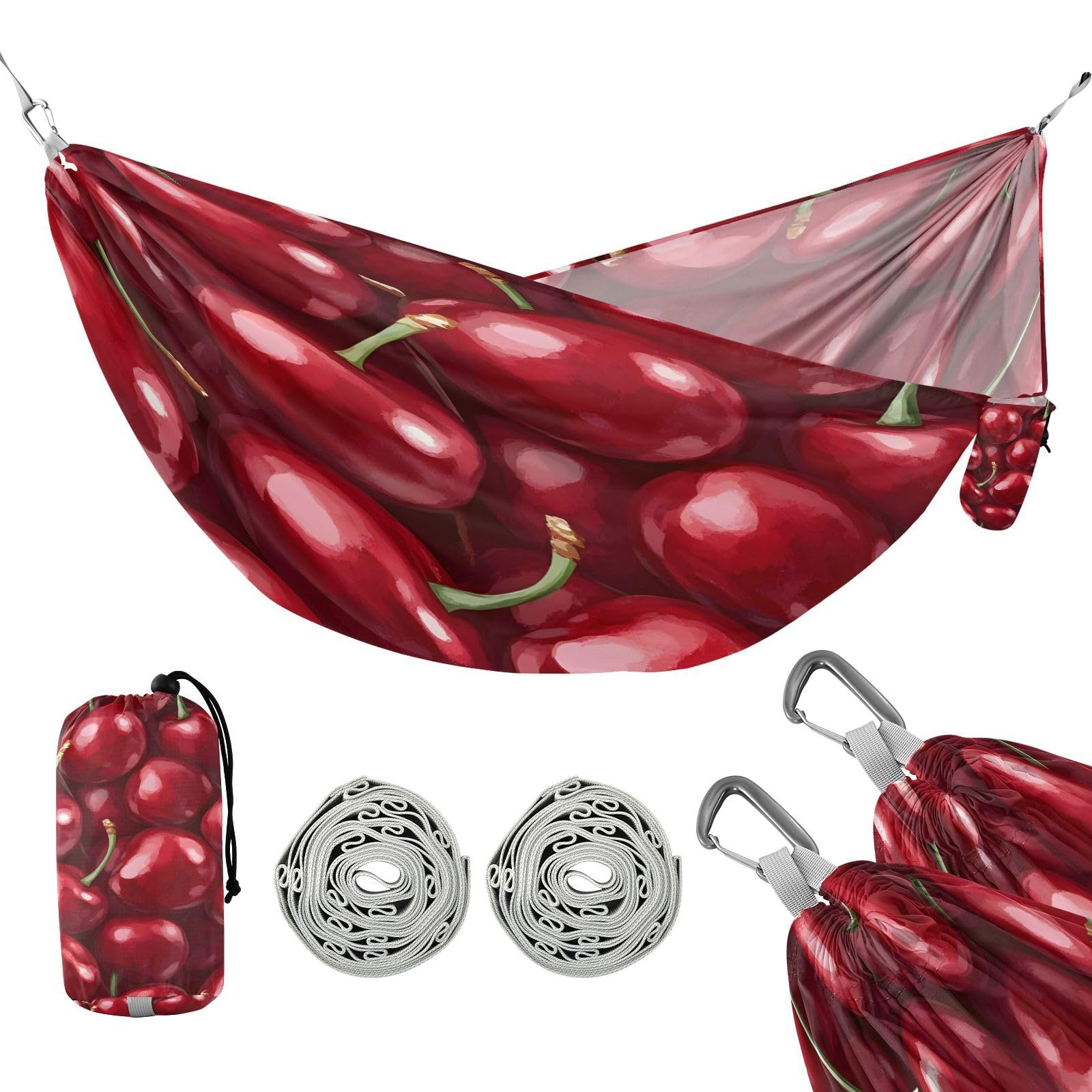 ATTX Dark Red Cherries Camping Hammock - Lightweight & Portable Hammocks, Heavy Duty 330lbs Capacity for Indoor, Hiking, Backpacking, Travel, Backyard, Beach#567